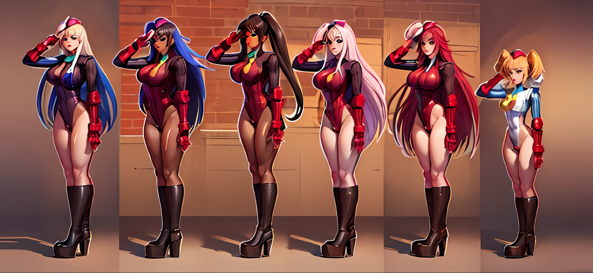 a close up of a group of anime characters with different hair, gainax anime style, ecchi anime style, :14 80s anime style, cel - shaded art style, female action anime girl, kantai collection style, inspired by Rei Kamoi, cel shaded anime, full body zenkai! asuka suit, twintails white_gloves, UHD, retina, masterpiece, ccurate, anatomically correct, textured skin, super detail, high details, high quality, award winning, best quality, highres, HD, 4K, 8k, nsfw, latex, leotard, platform heels, boots, sfw version, , super detail, 4K, HD, highres, best quality, award winning, high quality, high details, super detail, textured skin, anatomically correct, ccurate, masterpiece, retina, UHD, hyper detail, hyper detailed face, thicc, biomechanical oppai, oppai, thicc, oppai proportions, nsfw, platform heels, bimbo, (massive lips: 1.3) and (silicon lips:1.3), thick lips, 8k, super detail, 4K, HD, highres, best quality, award winning, high quality, high details, super detail, textured skin, anatomically correct, ccurate, masterpiece, retina, UHD, hyper detail, hyper detailed face, thicc, biomechanical oppai, oppai, thicc, oppai proportions, nsfw, platform heels, bimbo, (massive lips: 1.3) and (silicon lips:1.3), thick lips, dollsuit, highly detailed face, ((best quality)), ((masterpiece)), (detailed),nsfw, photorealistic, ultra high res, intricate, hyperdetailed, (skindentation), detailed body , (detailed face:1.1), (outlined iris), (hidrocor lenses), (perfect eyes), 4k, beautiful, :1.3, (massive lips: 1.3) (parted lips:1.3) and (silicon lips:1.3), (thick lips:1.3), [symmetrical:0.8], detailed body , (detailed face:1.1), (outlined iris), (hidrocor lenses), (perfect eyes), 4k, beautiful, (masterpiece:1.2), (best quality:1.2), insanely inflated lips, insanely inflated hips, dollsuit