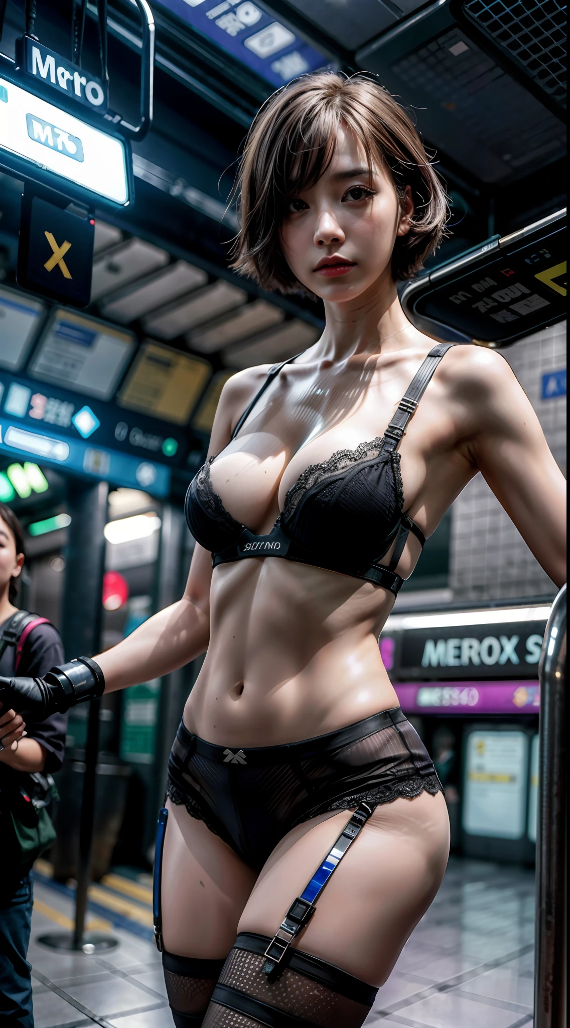 (1girl), solo, hair(messy, bob), wearing(sexy-lingeries-bra), photo(half-portrait), standing, background(futuristic-metro_station, blurry:1.6), (photorealistic, absurdres, best_quality),