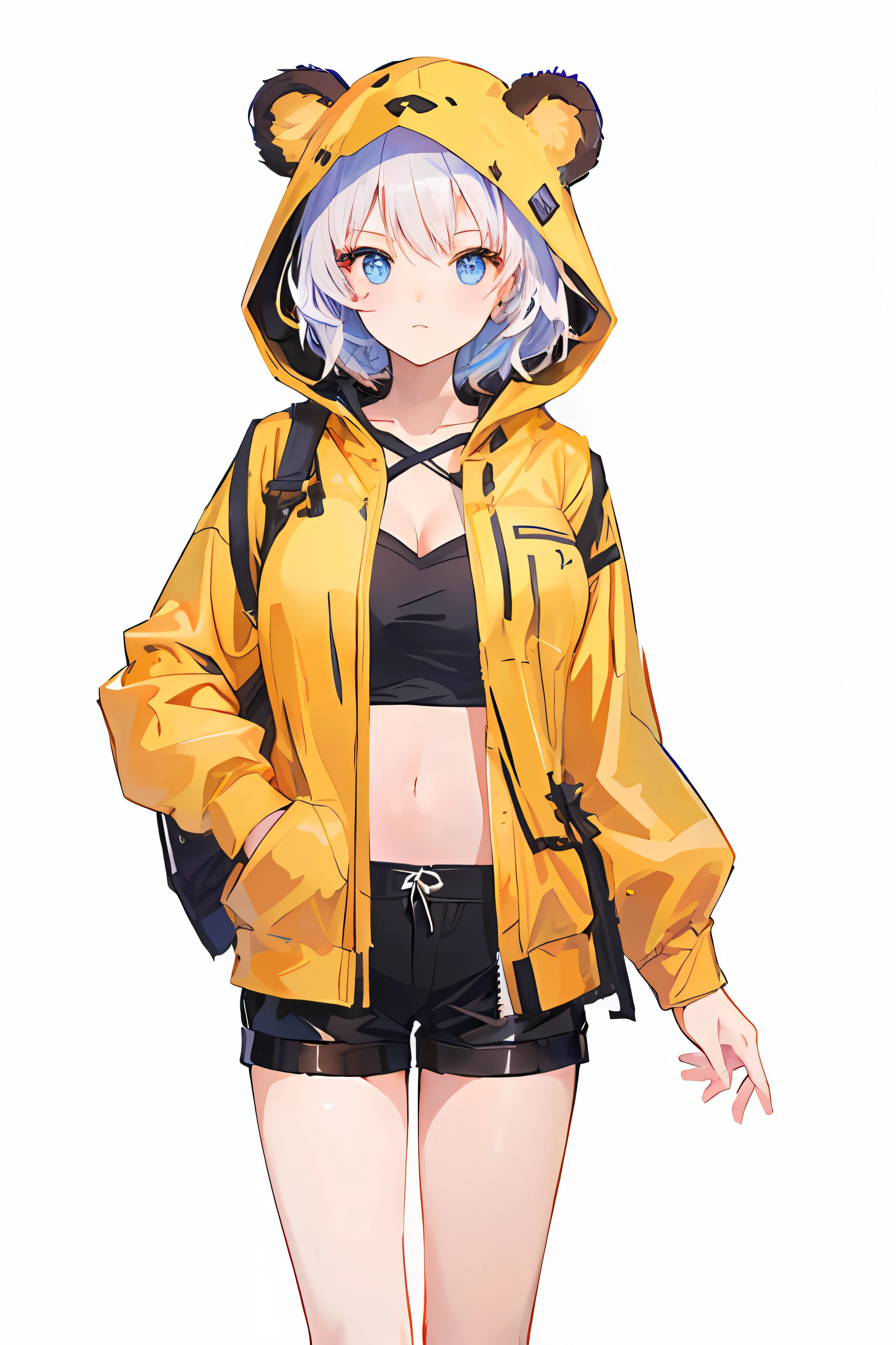 {{{masterpiece}}}, {{{high-quality}}}, {{{8K wallpaper}}},A beautiful and lovely girl wearing a cat eared hood with short hair, beautiful facial features, and exquisite face,anime girl in yellow jacket and black shorts with a bear hat, girls frontline style, kantai collection style, from girls frontline, anime moe artstyle, anime vtuber full body model, high quality anime artstyle, cyberpunk anime girl in hoodie, anime style. 8k, anime style character, female protagonist 👀 :8, official artwork, from arknights