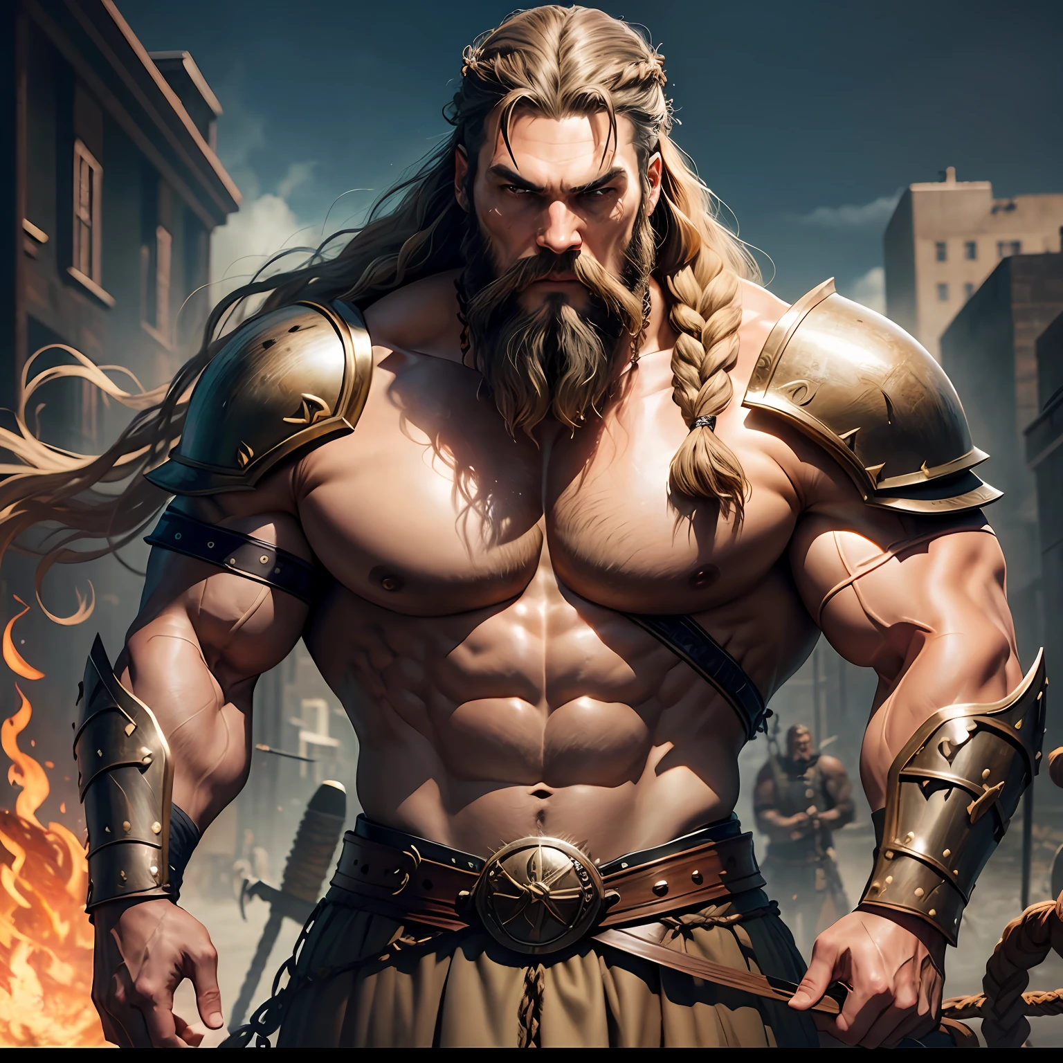 Jason Momoa Terry, Crews, long braided viking beard, bronze armor, very strong. Action movie poster. --auto