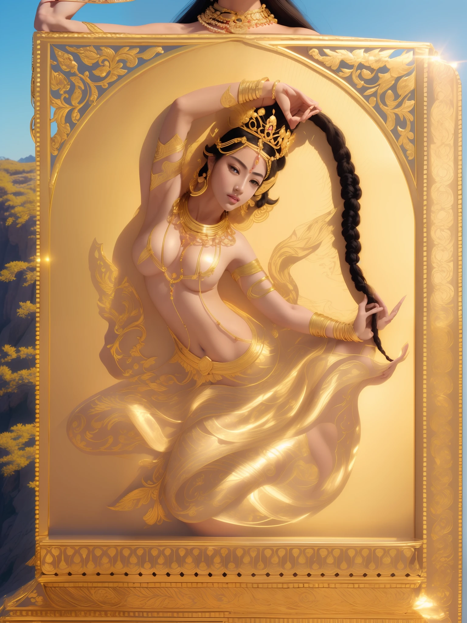 The beautiful earth goddess kneels on the earth,He held his long black hair in his hand, Beautiful figure,White skin of the,Delicate,(primitive:1.2),(realisticlying:1.4),(Sharpness:1.2),16 yaers old,(((body high:1.5))),(((Gemstones refract dazzling light))),((middlebreast:1)),(Abs:0.7),(glute:1.2),(healthy-looking skin, Thin skin, seductiveexpression, 二重まぶた,Jelly textured lips, Glowing lips,Small upturned lips,Shiny skin,(((Flawless skin texture))),Real pores,ctextured skin,choker necklace,Yingluo,(Wear gemstones,pearls,hisui,amber,),((Gorgeous and exquisite crown,gemstone setting)),(Dynamic hair,long whitr hair,Beaded hairpins,Nobile,Delicate skin texture),Glossy glossy skin,Glowing skin,Radiant hair,The head is illuminated with an aperture,The body shines,
High quality detailing, Cinematic lighting,,absurderes, unbelievable Ridiculous, hugefilesize, ultra - detailed, A high resolution, The is very detailed,best qualtiy,tmasterpiece,illustratio,The is very detailed,CG,unified,8k 壁纸,Amazing Cleavage,finely detailled,tmasterpiece,(((dynamicposes))),((Correct anatomy)),(((Correct dissection)),
