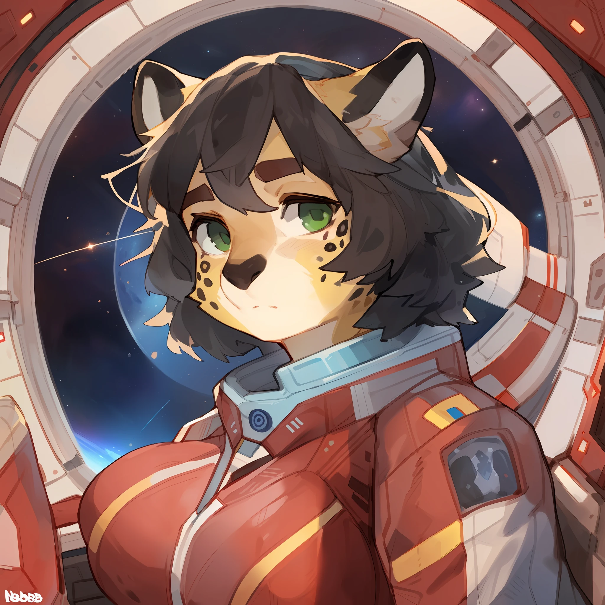 Solo, female, (((by bebebebebe))), leopard, black nose, black hair, medium hair, wavy hair, green eyes, (((yellow fur with black spots))), big breasts, (((red military spacesuit))), space, window, spaceship