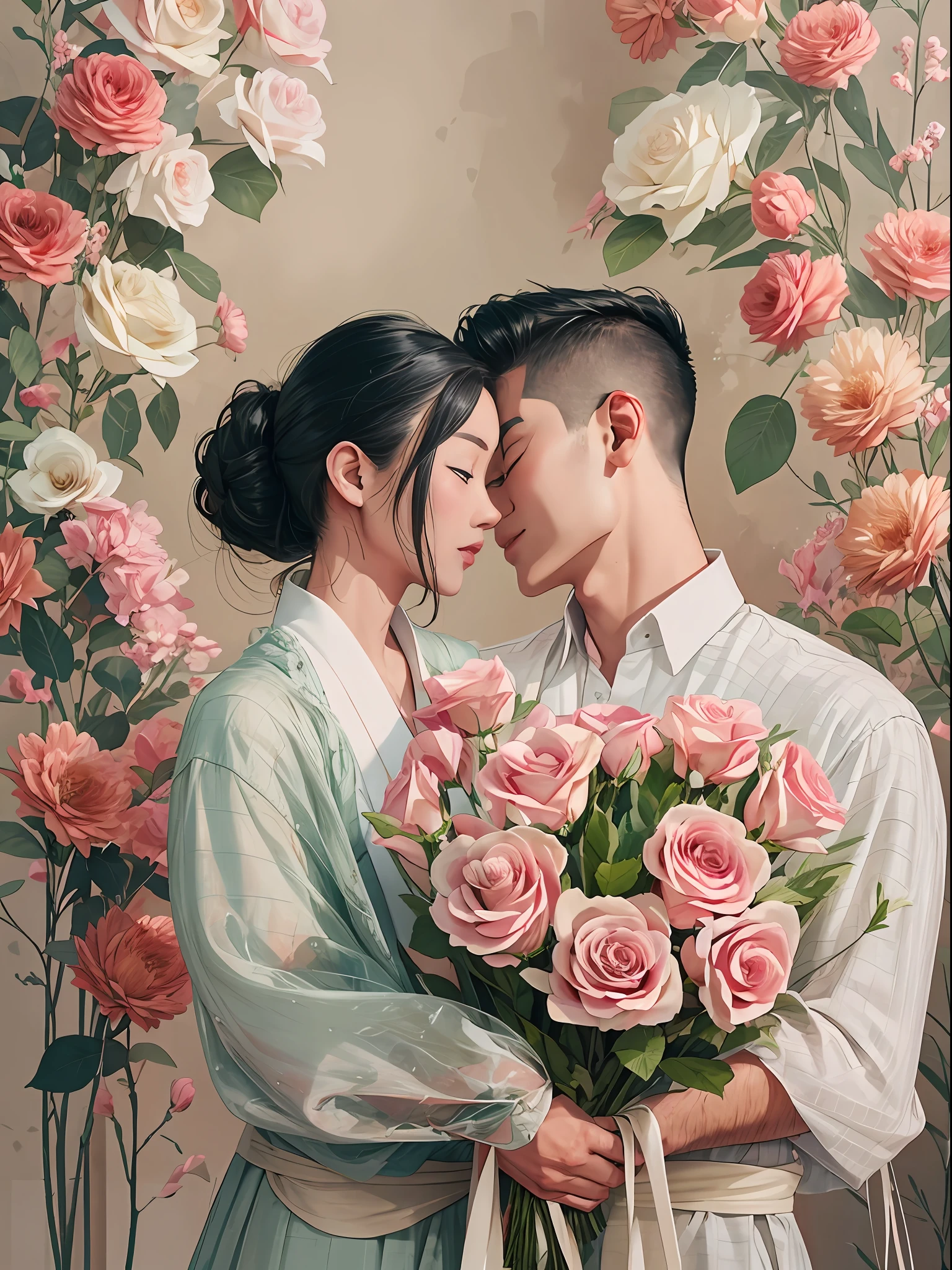 An Asian couple in love leaning together，Put together a beautifully wrapped bouquet of roses，clean backdrop