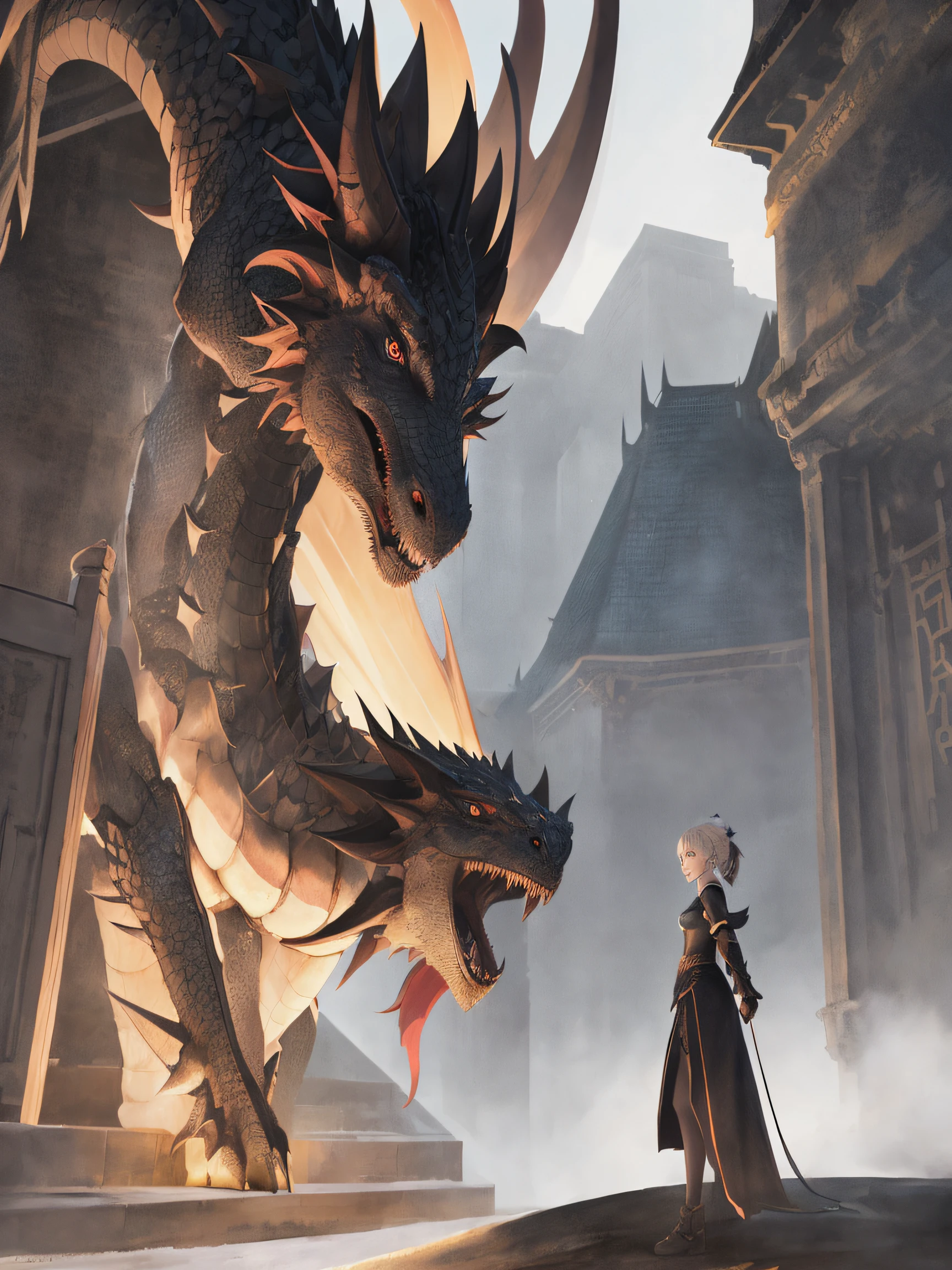 anime scene of a woman standing in front of a dragon, 2. 5 d cgi anime fantasy artwork, battle with dragon, krenz cushart and wenjun lin, dungeon and dragon illustration, artgerm and atey ghailan, fighting a dragon, krenz cushart and asher duran, dragon in the background, wlop and ross tran