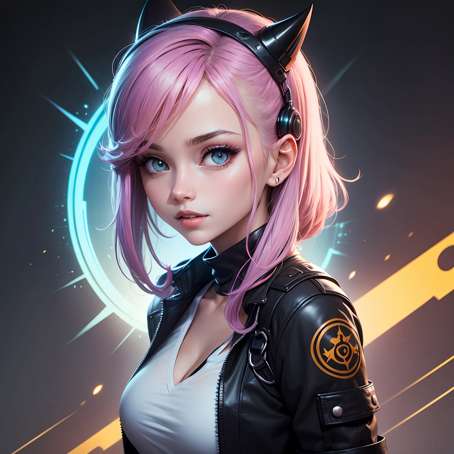 Mulher ninja com fone de ouvido sentido paz, olhos fechados, rosto bonito, cores RGB, cabelo rosa brilhante, colorido anime, fundo brilhante, Banner for youtube video, menina feliz, nuvens com cores RGB, cores RGB brilhantes, completo, ser celestial, garota gamer. --auto