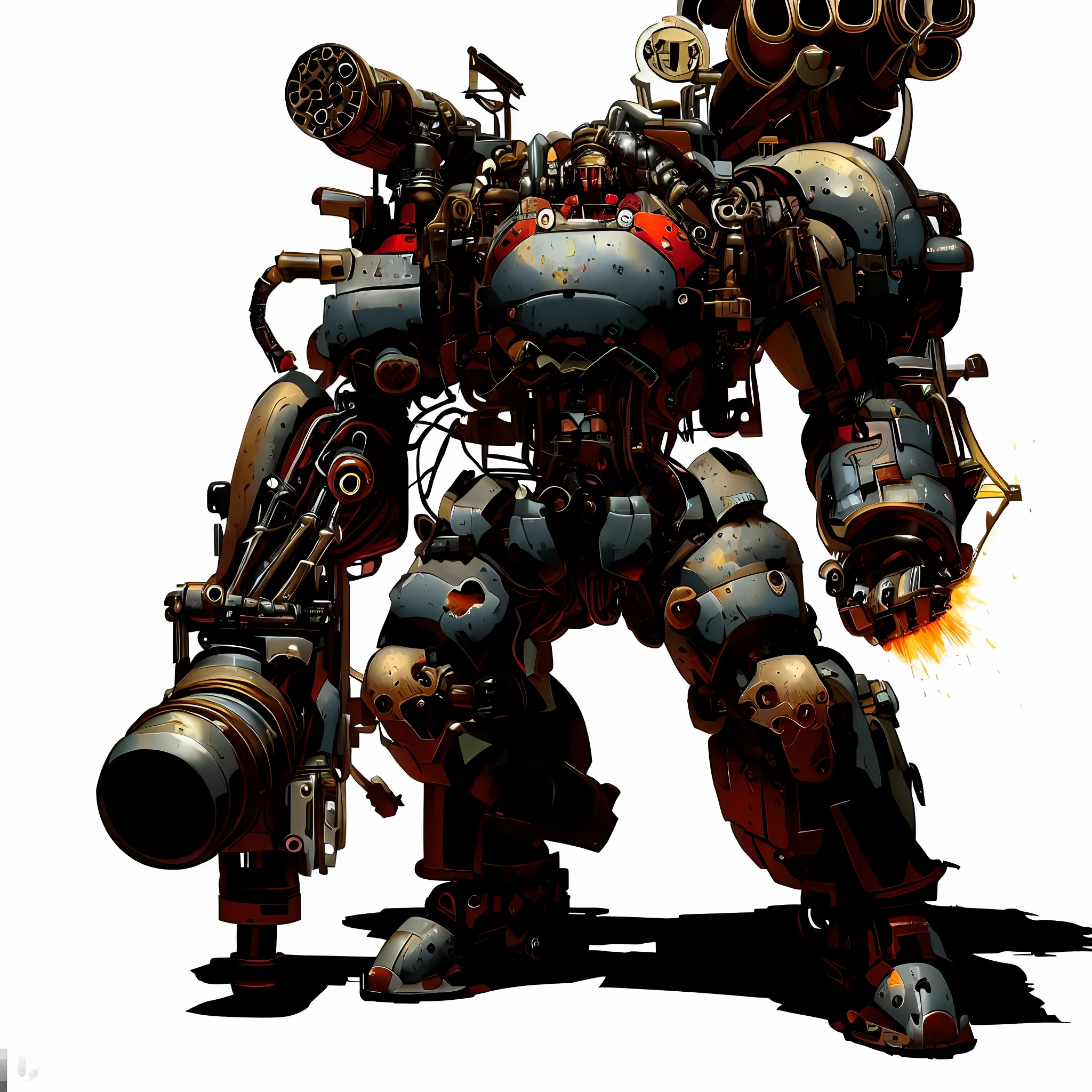 There is a robot standing with a gun in his hand, mechs, Alexandre Ferra Mecha, battlemech, Warhammer 4 0 K Artwork, painterly humanoid mecha, Giant Mech, comic book style battlemech, big mecha, mecha concept art, mega humanoid mech, mechanized art concept, warhammer 40k style