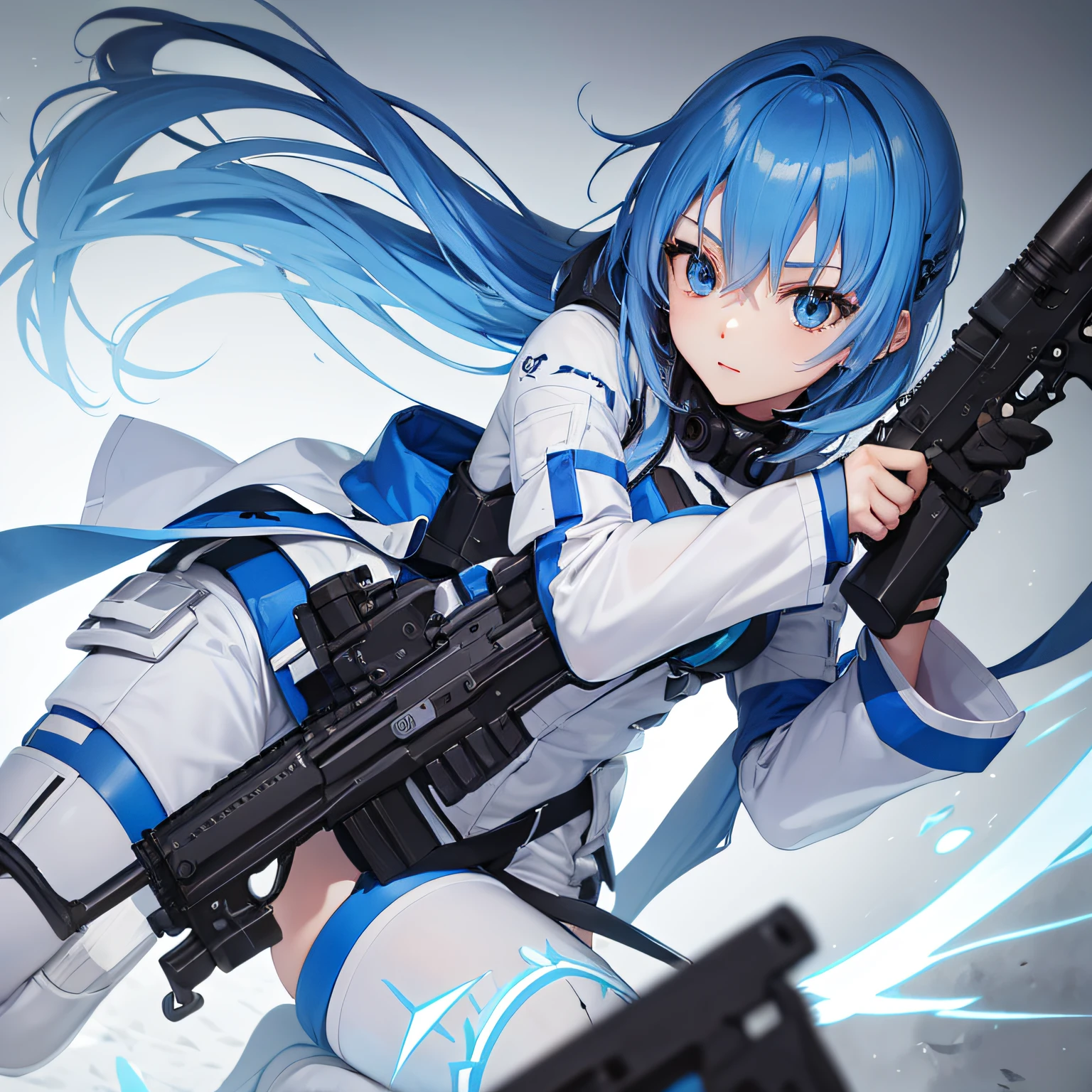 Blue-haired double-gun woman Japanese cute white combat suit light blue eyes Tek several