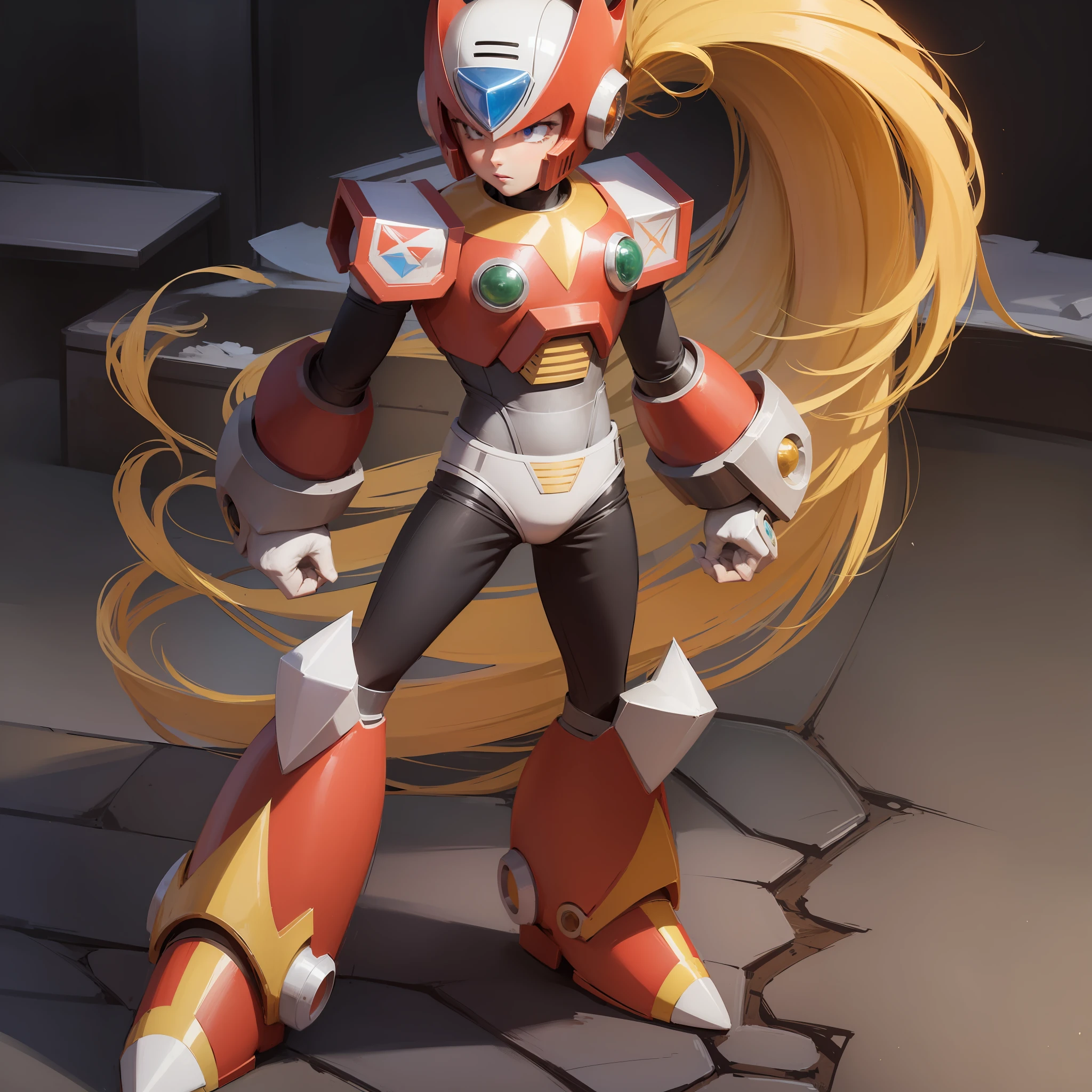 (Anime style),(Nice clear image,Masterpiece,CG,Best quality,A high resolution, Extremely beautiful and delicate,Good anatomy:1.3 ),(Detailed eyes),Perfect face,Powerful,Manly,1boy,Zero_megamanxcm, Blue eyes, Blonde hair, pony tails, Very long hair, Long hair, helmet, Android, Male focus, full bodyesbian, facingviewer, Dynamic pose,Science fiction, influencer,Dramatic,Detailed background