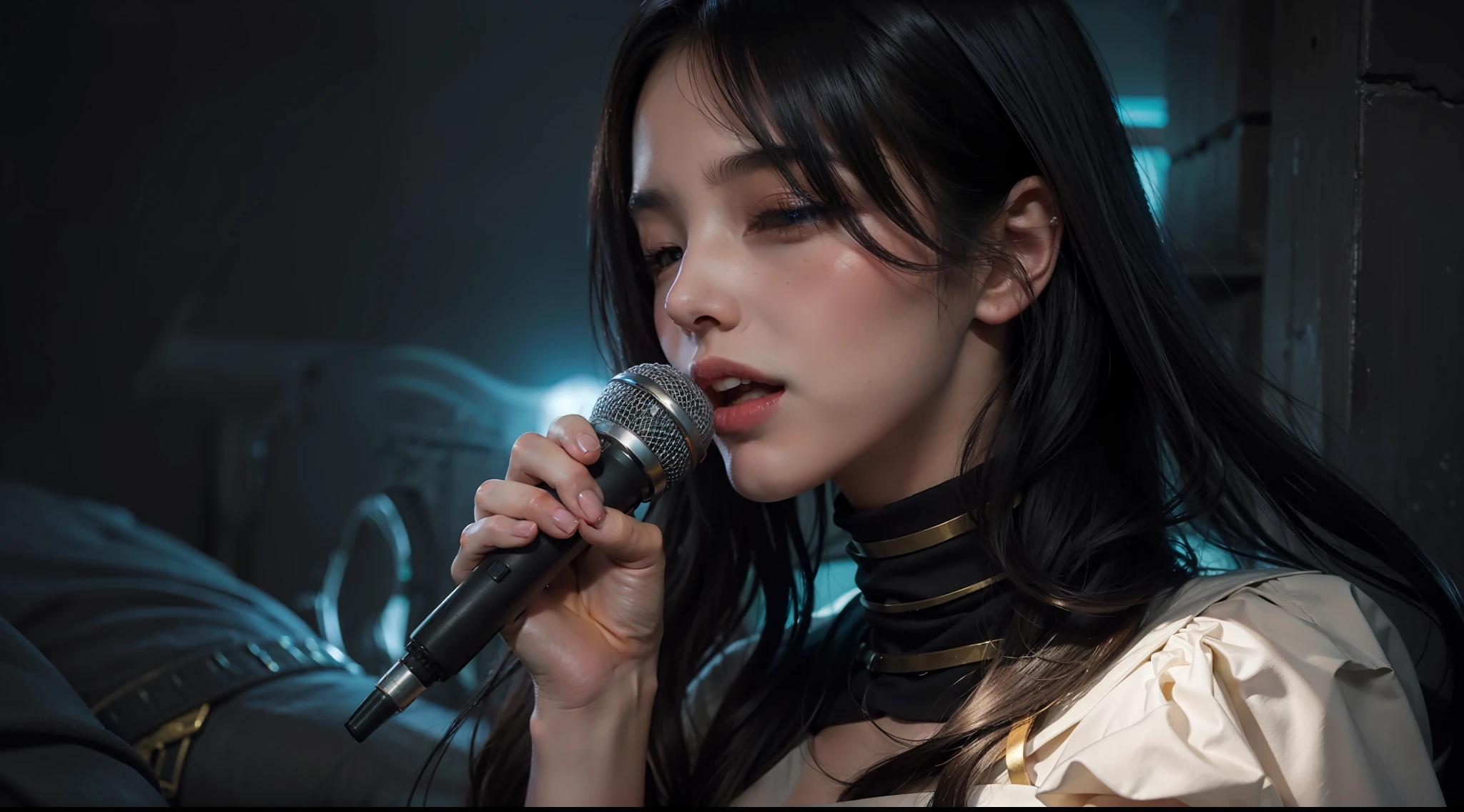 songstress、Beautiful adult woman with microphone、Chic dresses、No accessories、cabelos preto e longos、Close your eyes and sing passionately、The background is a cathedral in another world、Blood,Night, Dark, (Fantasy),infinite,deep blue sky,The abyss of knowledge、Super delicate CG Unity 32k wallpaper、masterpiece, ((ultra-detailliert)), ((illustratio)),colourfull,wall-paper,The energy,Around the magic,Magical surroundings,Boken,Flying pages、Infinite wisdom、blue flames