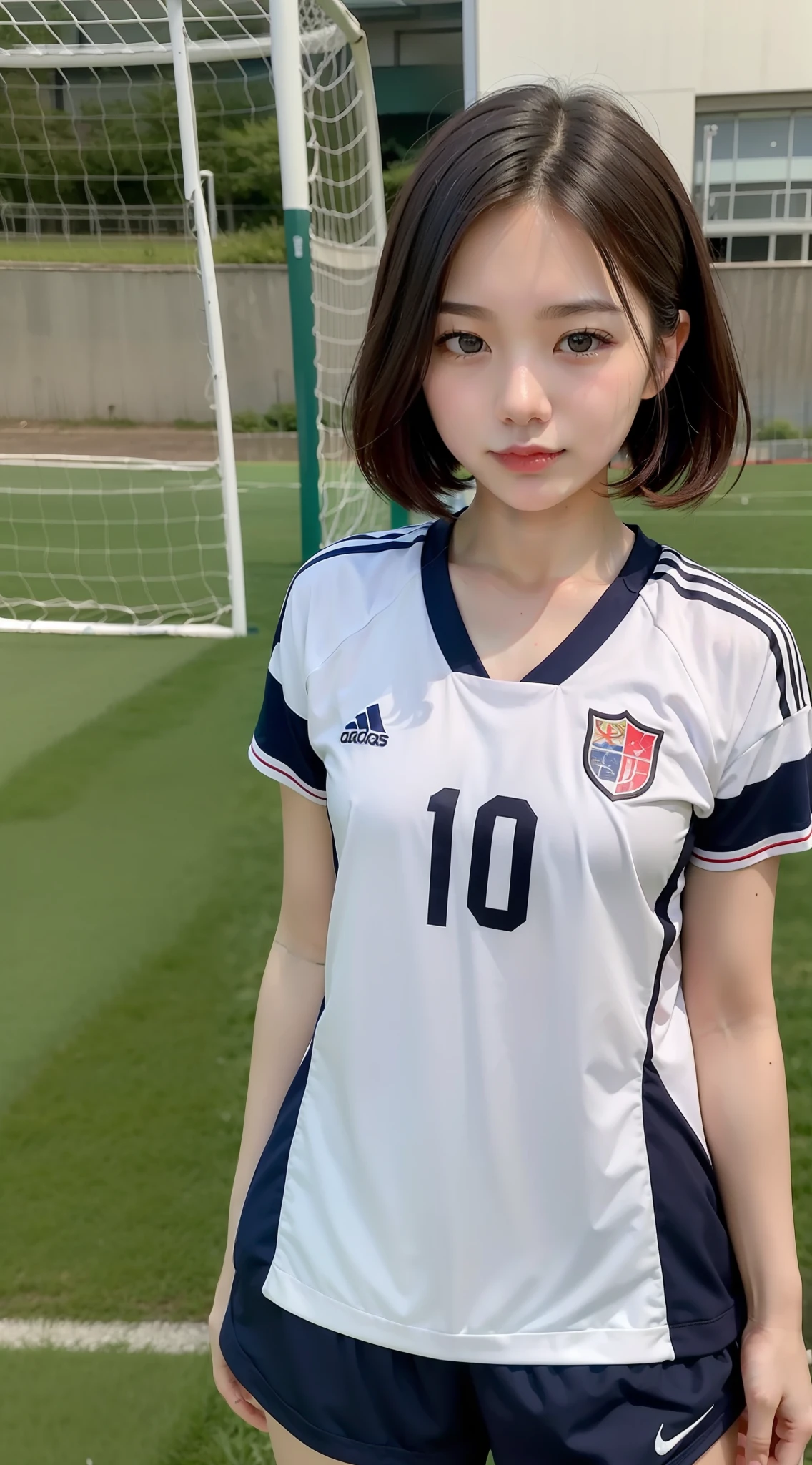 japanaese girl、Bob Hair、A dark-haired、Brown-eyed、uniformss、Playing Soccer、