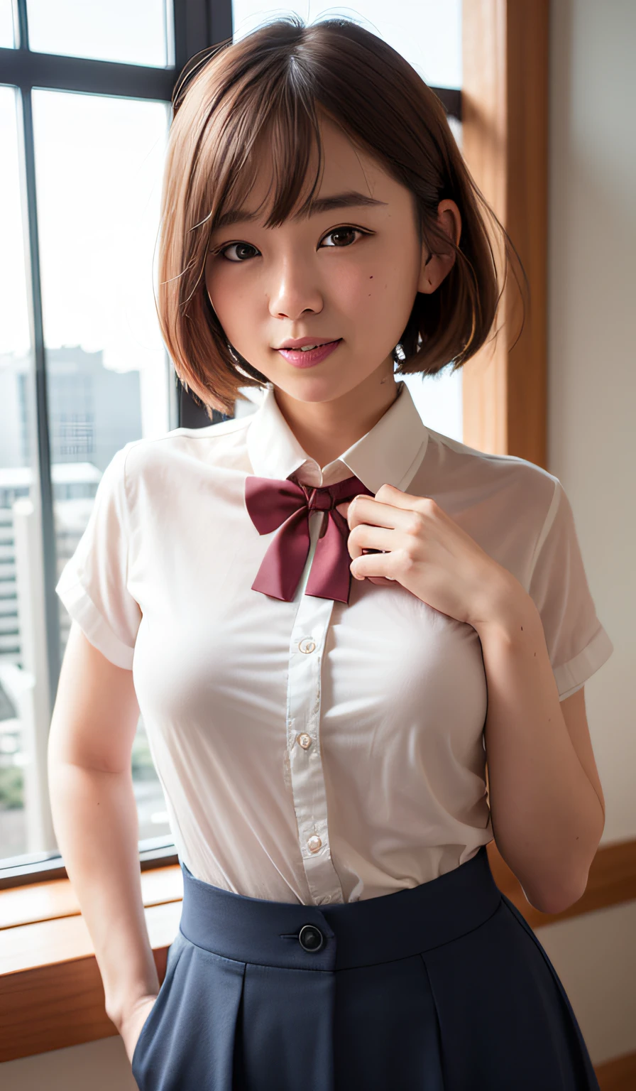 (8K、Raw photography、top-quality、​masterpiece:1.2)、(realisitic、Photorealsitic:1.37)、ultra-detailliert、
1 beauty、18year old、独奏、Beautiful detailed sky、Detailed Cafe、natta、date、(blush of the nose)、(A smile:1.1)、(Mouth closed)、small tits、seducting smile、large aparture、profetional lighting、Sony A7R4、Zessie 50mm f1.8、
medium breasts⁩、Beautiful Detail Eye、(shirt with collar:1.1)、a bow tie、pleatedskirt、(short-hair:1.2)、Floating hair、Schools