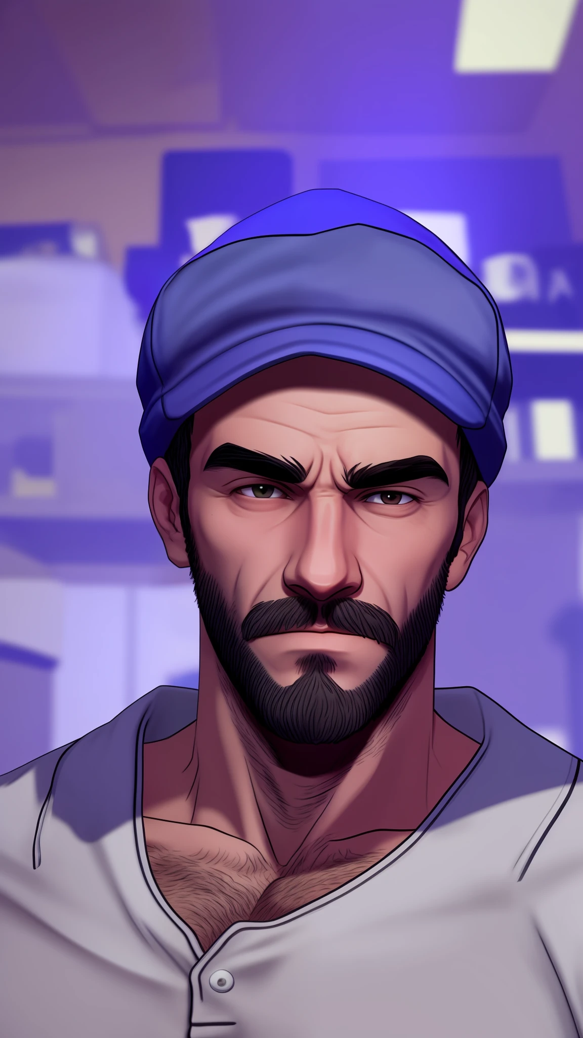 um retrato de um homem jovem, com 20 anos de idade, homem careca, homem com barba, barba feita, barba ruiva,@me wearing a white cap,GTAV style high resolution,