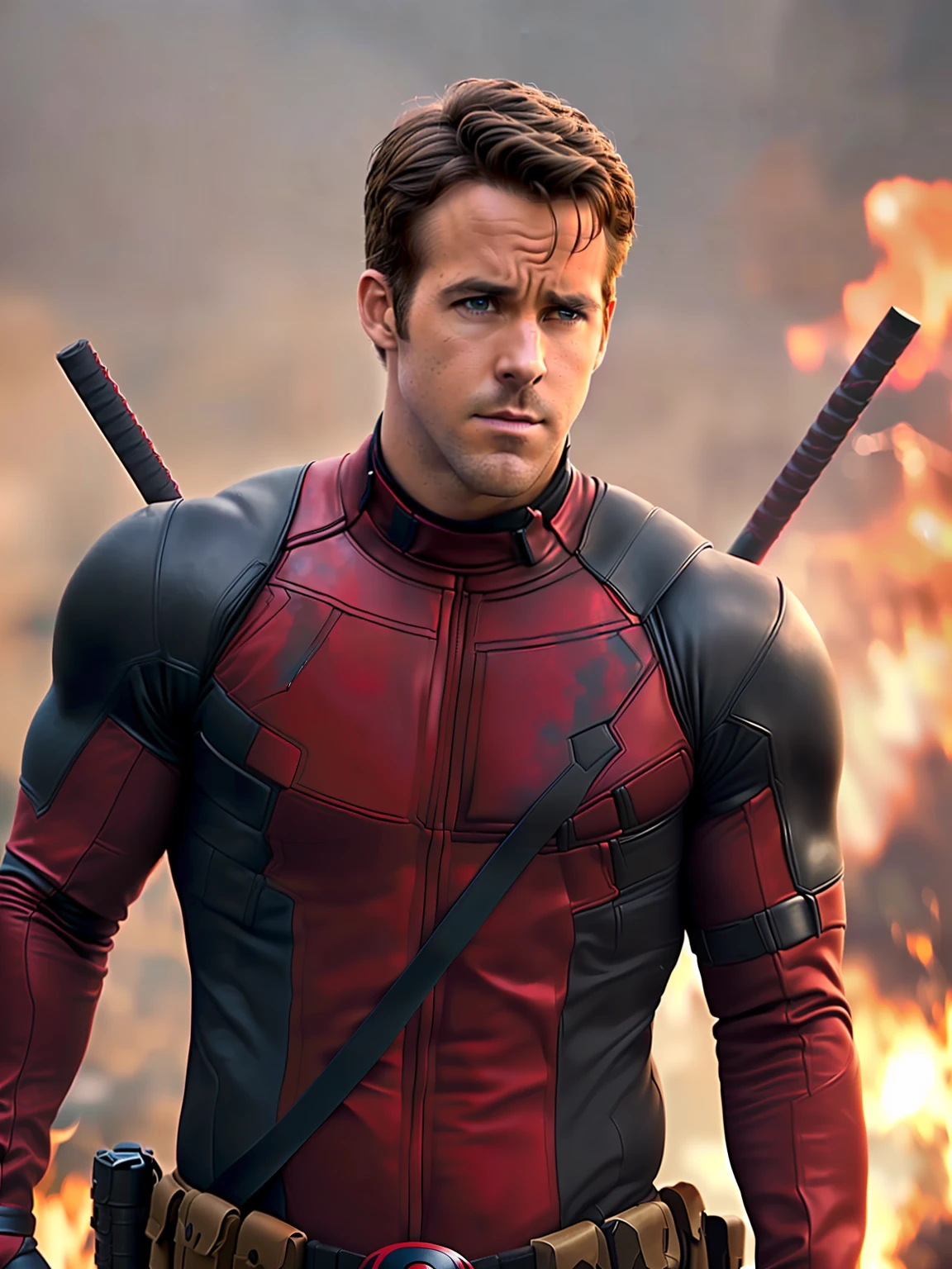 arafed deadpool in a red and black suit with two guns, ryan reynolds dead pool, marvel studios, ryan gosling as deadpool, deadpool, portrait of deadpool, movie still 8 k, full body close-up shot, hq 4k wallpaper, medium close - up ( mcu ), from marvel studios, film still of ryan reynolds, tom cruise as ironman