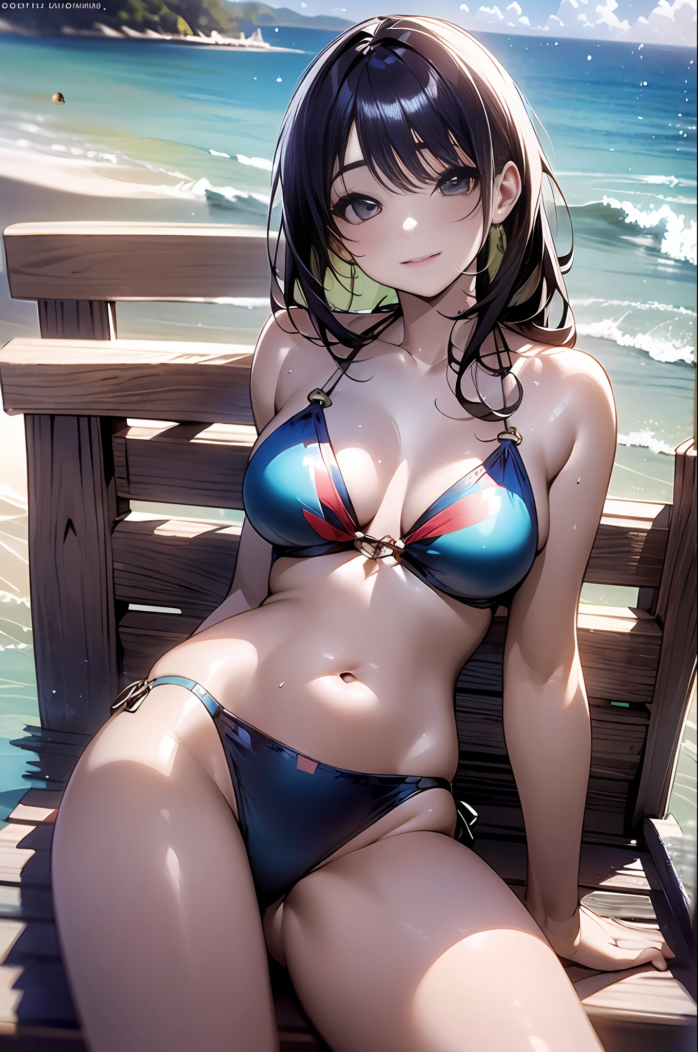 Emerald Green Sea 、Highly detailed ocean colors、standing、Photographic portrait of beautiful women, Sony α7, 35mm Lens, f1.8、Radiant_Rhythms, realistic bikini, beautiful woman, Beautiful girl, beautiful seaside, charming girls, realistic 3d style, photo realistic render