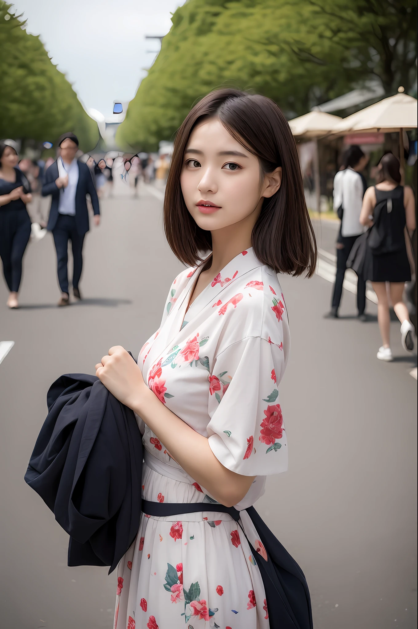 (top-quality、8K、32K、​masterpiece、nffsw:1.2)、Photo of a cute Japanese woman、女の子 1 人、(Medium short dark brown hair)、(small tits)、二重まぶた、Japan floral yukata、matsuri 、In the street、Temples、The upper part of the body、