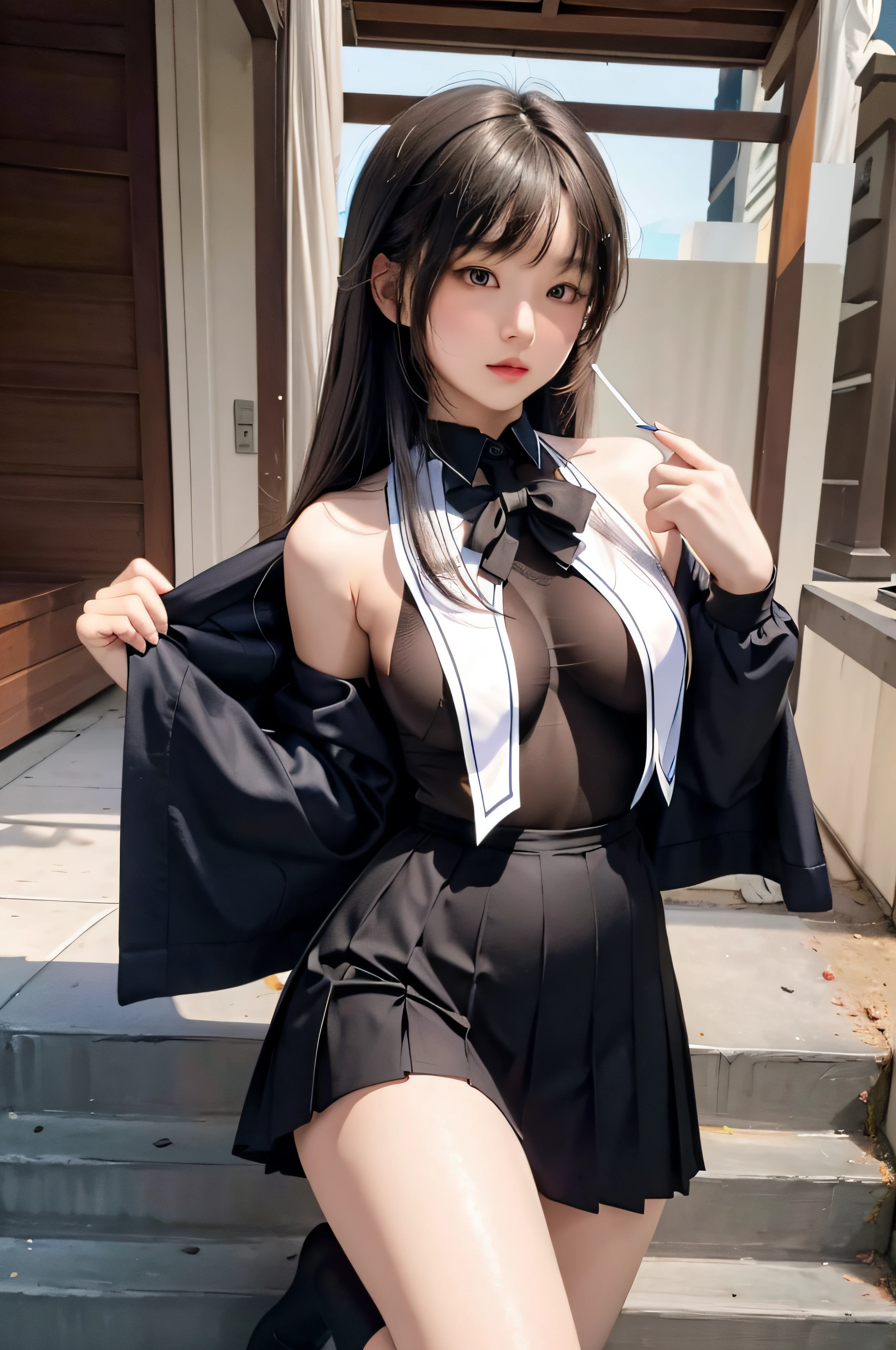 (best quality, ultra detailed, illustration, masterpiece),
curtains, bodystocking, 1girl, school uniform, school skirt,open clothes, breasts, bare shoulders,