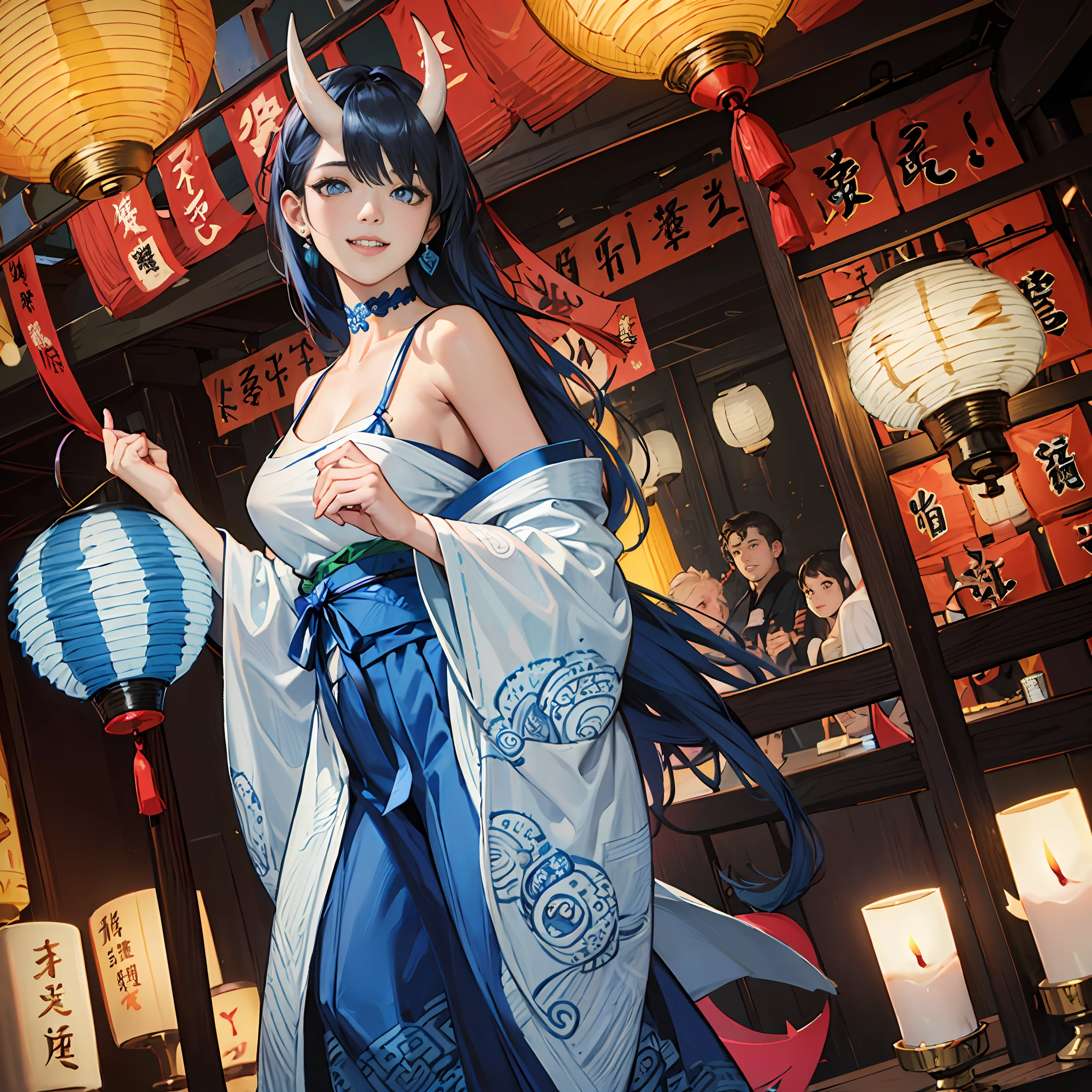 //Graphics
(realistic:1.3), super photo realistic illustration, highres, ultla detailed, absurdres, official art, unity 8k wallpaper,
//Character
(1 girl), solo, extremely beautiful girl,cute, kawaii, standing,(blue long hair),(small breast),
((extra huge blue paper lantern in hands,huge japanese paper lantern,paper lantern:1.4)),
(blue Japanese gothic lolita),(kimono:1.2),(camisole:1.2),
Blue skirt corset,Blue choker, pretty choker,(gothic lolita),accessories,Ribbon,Hanafuda earrings,Long sleeves,Long skirts,Japanese clothes, off-the-shoulder,((Zentangle:1.4)),(demon horn:1.4),
(frosty eyes), blue eyes, neutral expression,grin, impassive:1.4,looking at viewer,(a lot of
blue candle in the background:1.5),(dark atmosphere:1.2),blue theme,blue background,
BREAK, --auto