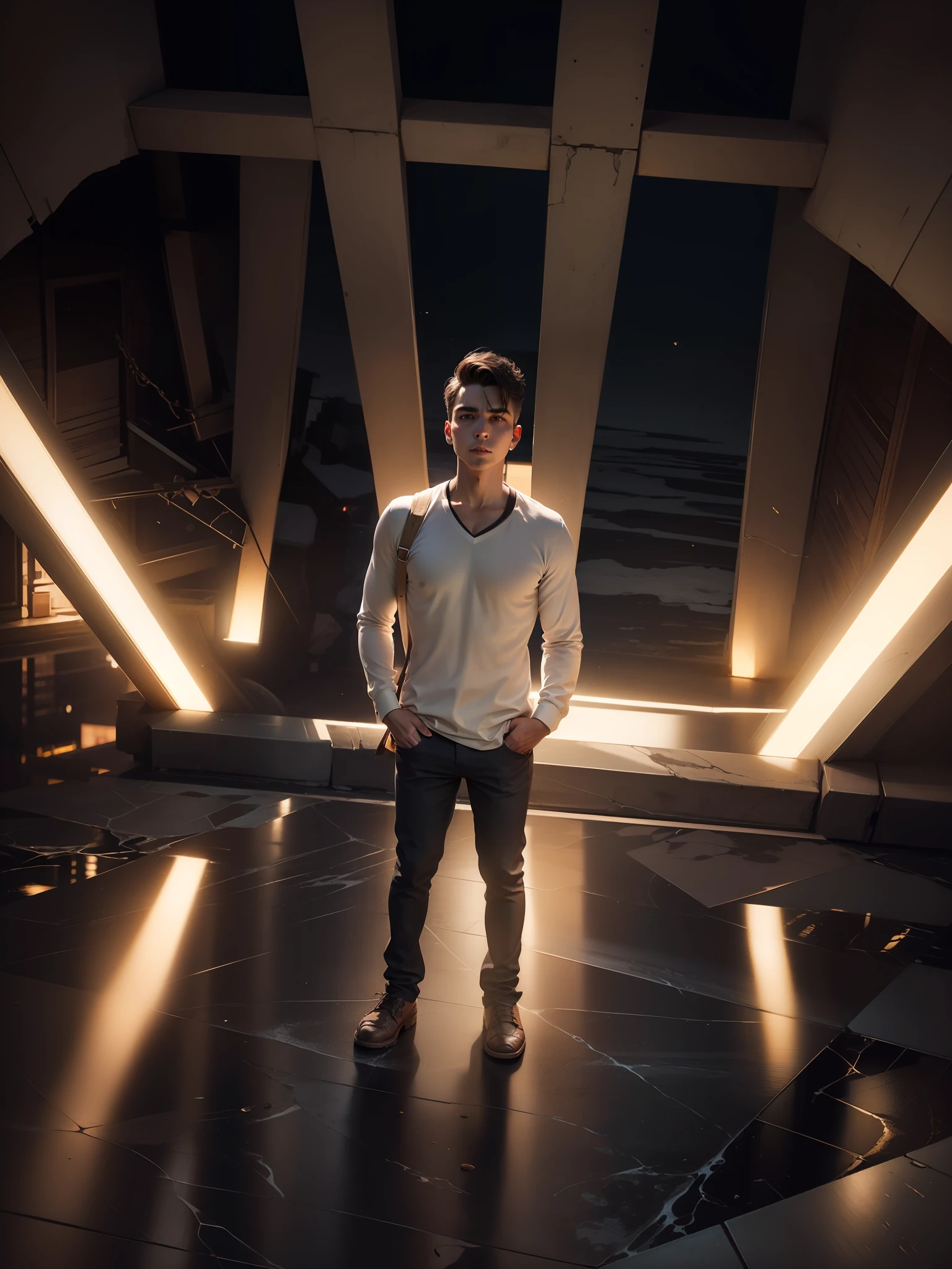 Change the background where The man stand in the rood,wear a realistic custom casual costume,looking very handsome adult boy, background is night time with colourfull light,realistic face,ultra tography