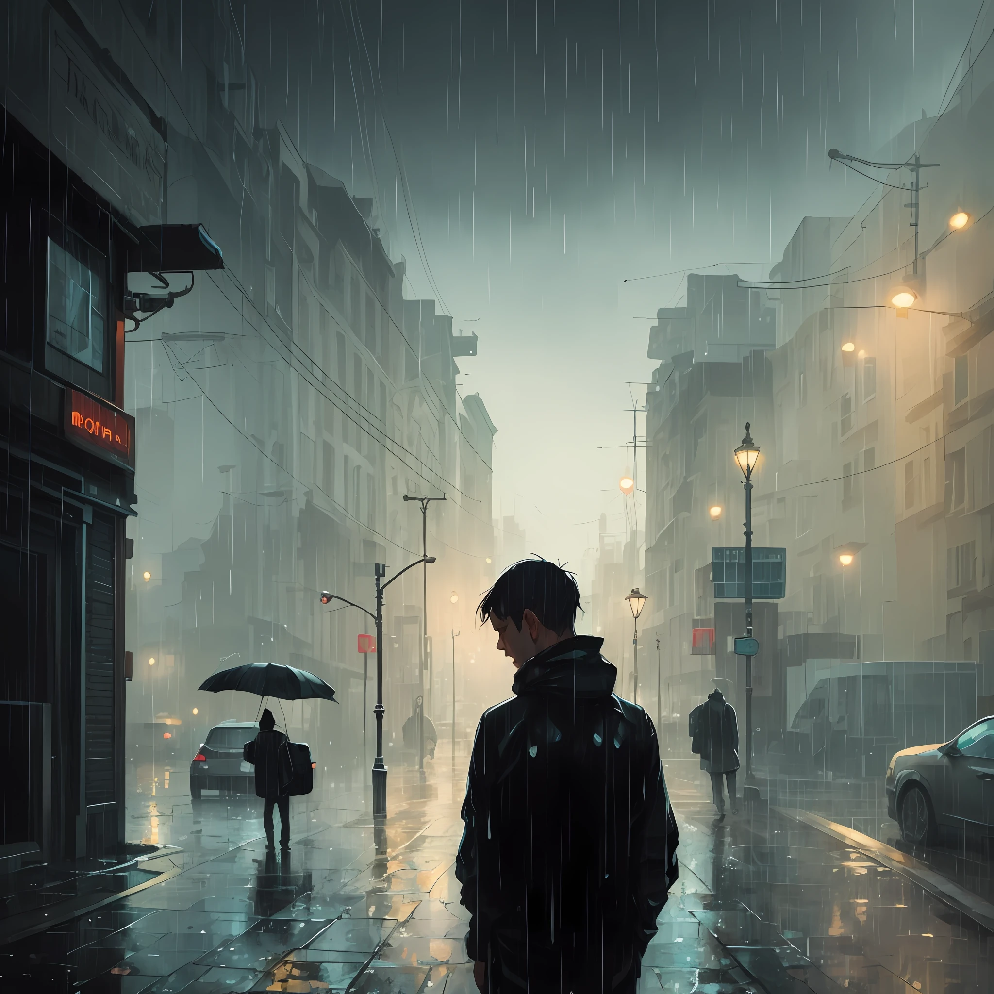 man, closed eyes, head up, by atey ghailan, heavy rain, moody, rain drops, wet,
(watercolor:0.5), (borderlands:0.4), --auto