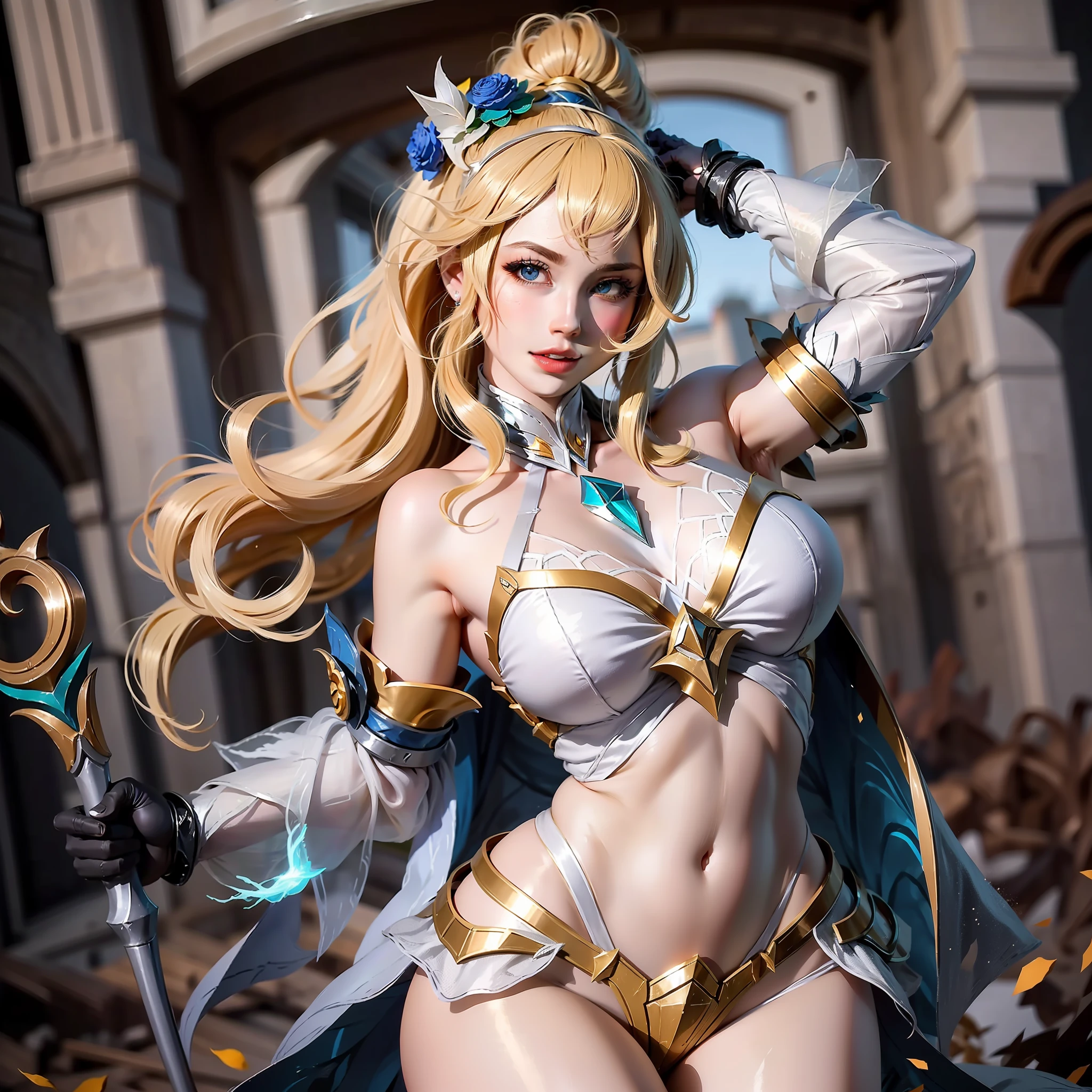 Lux de league of legends, na frente se seus castelo com sua armadura sexy, body curvy, seios grandes, cabelo loiro, aparencia de luxanna