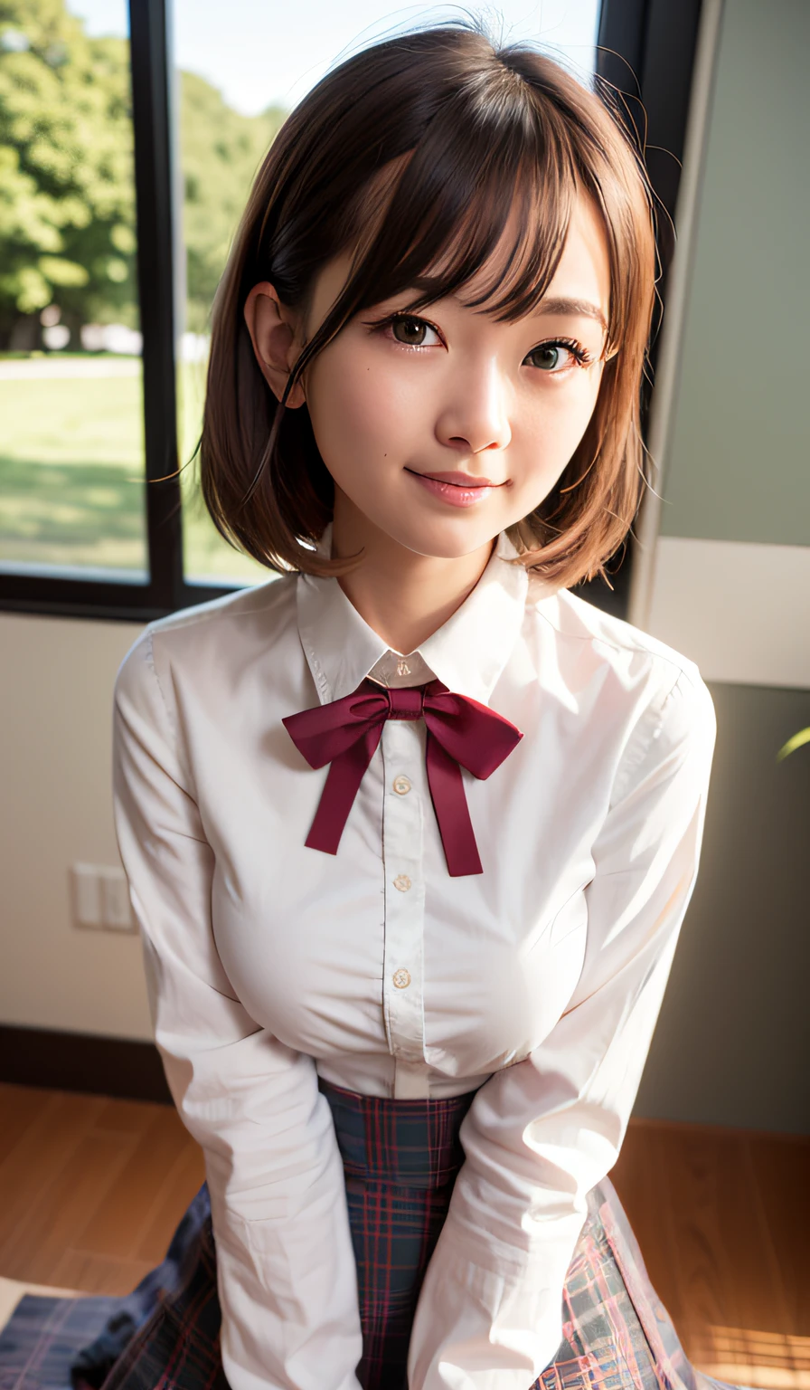 (8K、Raw photography、top-quality、masterpiece:1.2)、(realisitic、Photorealsitic:1.37)、ultra-detailliert、
1 beauty、18year old、独奏、Beautiful detailed sky、Detailed Cafe、natta、date、(blush of the nose)、(A smile:1.1)、(Mouth closed)、small tits、seducting smile、large aparture、profetional lighting、Sony A7R4、Zessie 50mm f1.8、
medium breasts、Beautiful Detail Eye、(shirt with collar:1.1)、a bow tie、pleatedskirt、(short-hair:1.2)、Floating hair、Schools、Mature beauty