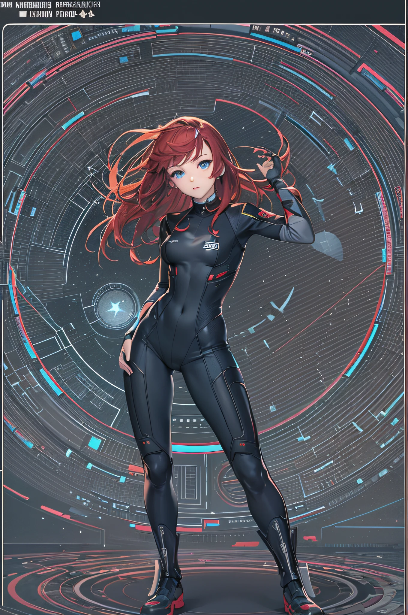 bishoujo, 1 woman, red hair, short straight hair, blue eyes, standing alone, full body, 1 person, black flightsuit, tight costume, full body visible, medical apron, Star Trek, Beverly Crusher