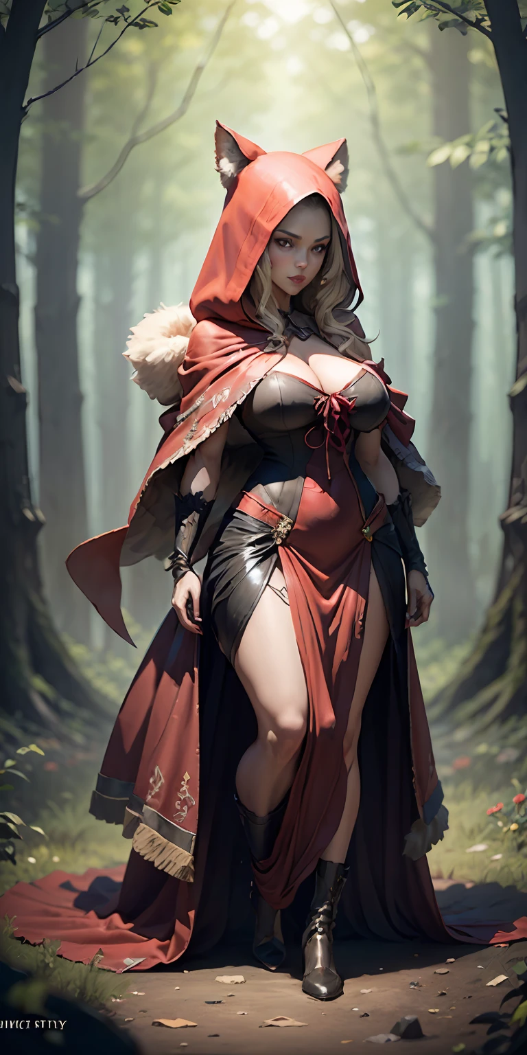 Red Riding Hood and the Big Bad Wolf, big breasts, frontal, full-length, looking at the camera, facing the audience, standing pose, forest background, three-dimensional light, detailed full-body concept, sleek digital concept art, beautiful full-body concept art, art trend, CGsociety full-length,