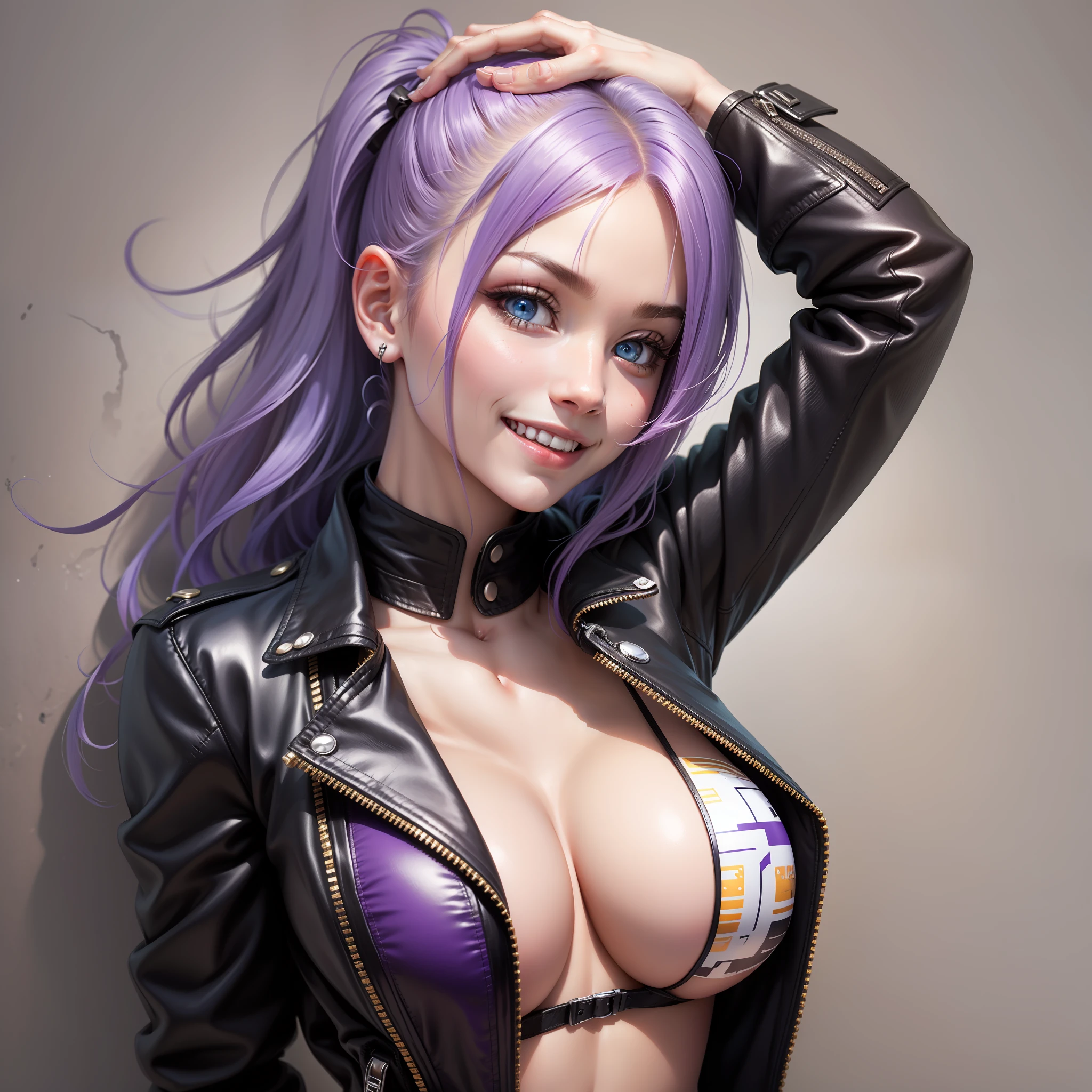 Leather jacket from the top of the swimsuit girl with a smile Purple hair huge tit top-quality masterpiece 超A high resolution beautiful a girl blue eyess