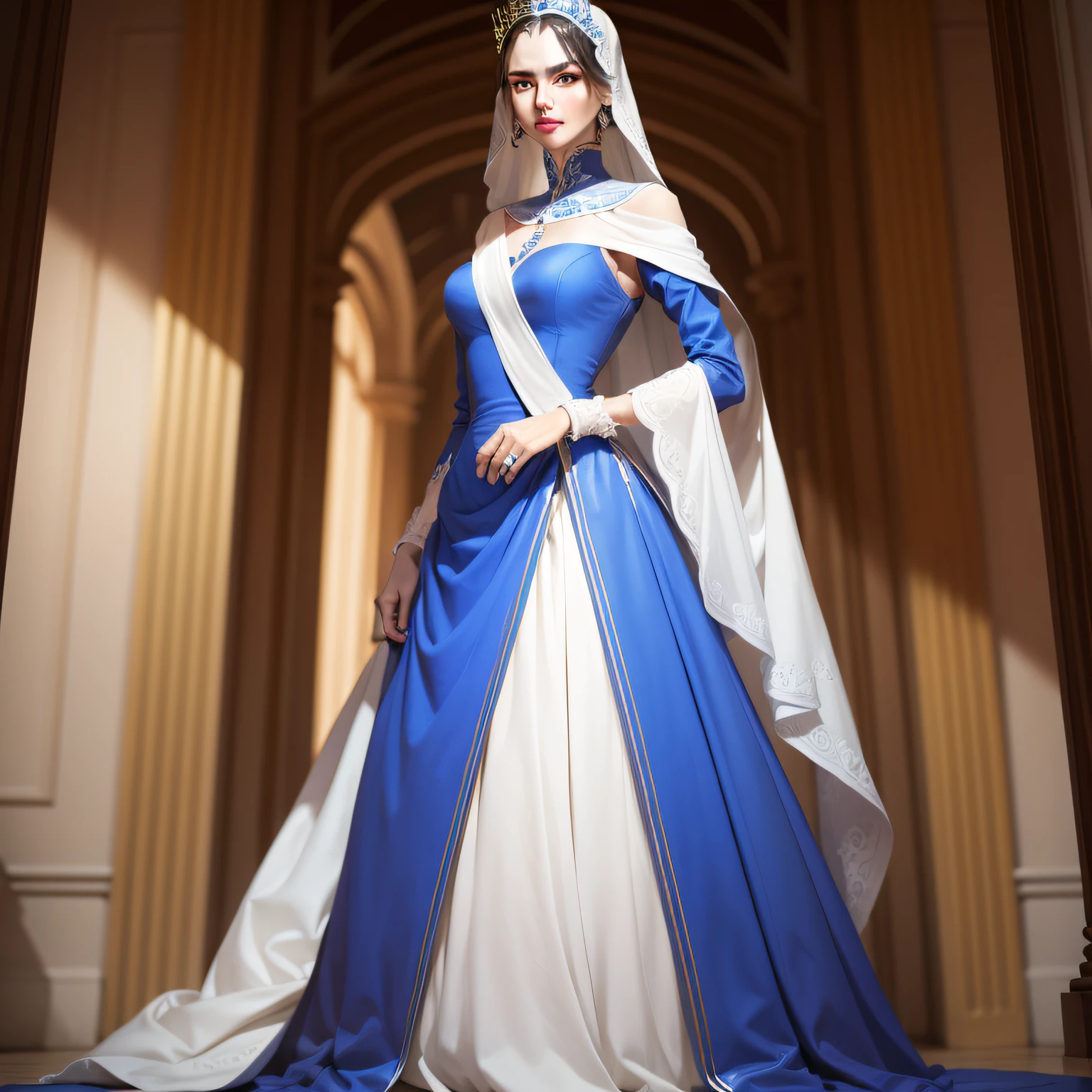 Tall, waist-length royal blue, white skin