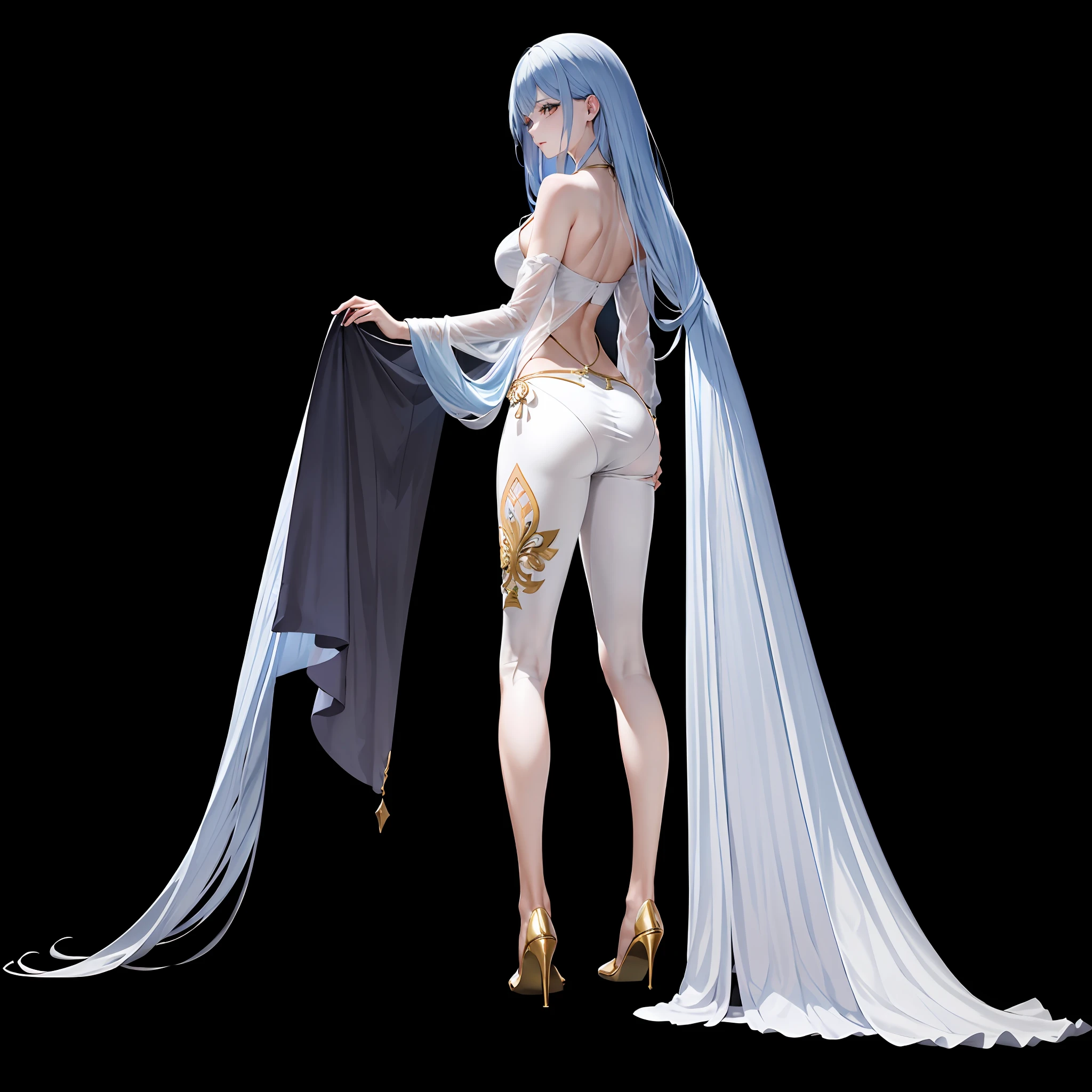 tmasterpiece,A beautiful goddess of the void,Gorgeous clothes with gold patterns,Full-body white transparent bikini standing under the stars of the empty night,Disappearing transparent pants,Full-body standing,Tall,Slender legs,detail in face,Detailed body part details,8k wallpaper,Front view, rear view, left view, right view, four angles show the character
