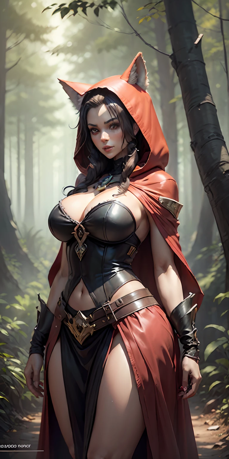 Red Riding Hood and the Big Bad Wolf, , frontal, full-length, looking at the camera, facing the audience, standing pose, forest background, three-dimensional light, detailed full-body concept, sleek digital concept art, beautiful full-body concept art, art trend, CGsociety full-length,