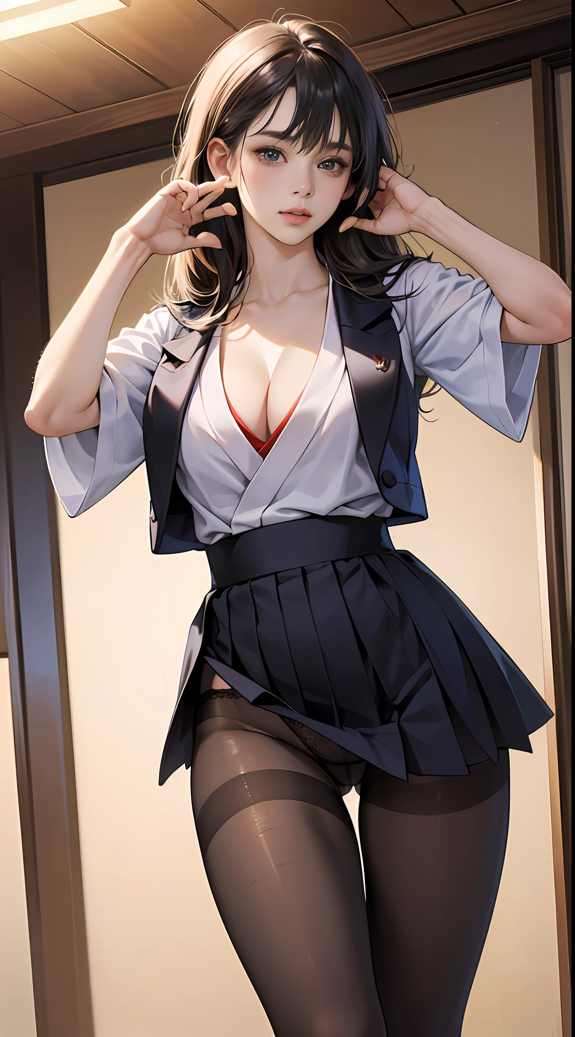 ulzang-6500-v1.1,(RAW photo:1.2), (Photorealistic:1.4), Beautiful Meticulous Girl, very detailed eyes and faces, Beautiful detailed eyes, absurderes, unbelievable Ridiculous, hugefilesize, ultra - detailed, A high resolution, The is very detailed,best qualtiy,tmasterpiece,kemomimi,((Japanes girl' high school uniform)),illustratio,The is very detailed,CG,unified,8k 壁纸,Amazing Cleavage,finely detailled,tmasterpiece,best qualtiy,The is very detailed的 CG unified 8k 壁纸,light in face,cinmatic lighting, 1girll, ,((Dark panties)),(((dynamicposes))),(Camel toes),(full bodyesbian),((Pantyhose)),((Photo pose)) --auto