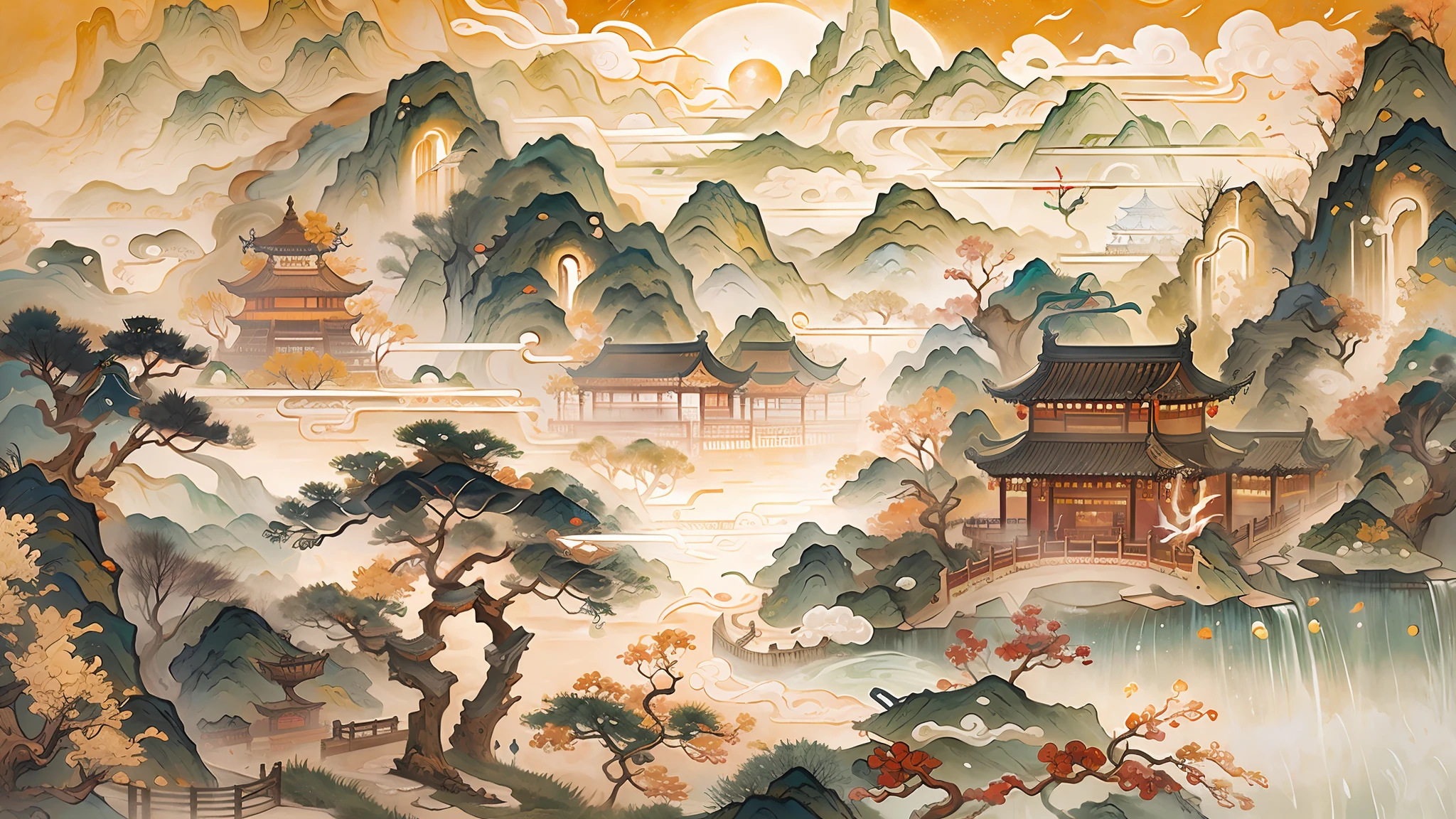 An ancient Chinese painting, ancient Chinese background, mountains, rivers, auspicious clouds, pavilions, sunshine, masterpieces, super detail, epic composition, ultra HD, high quality, extremely detailed, official art, unified 8k wallpaper, Super detail, 32k -- v 6