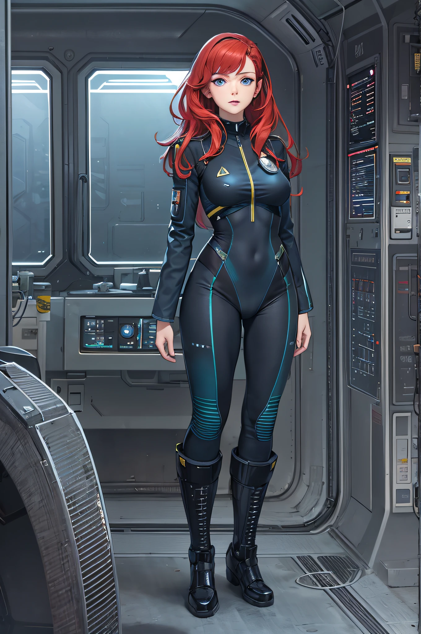 bishoujo, 1 woman, red hair, short straight hair, blue eyes, standing alone, full body, 1 person, black flightsuit, tight costume, full body visible, medical apron, Star Trek, Beverly Crusher