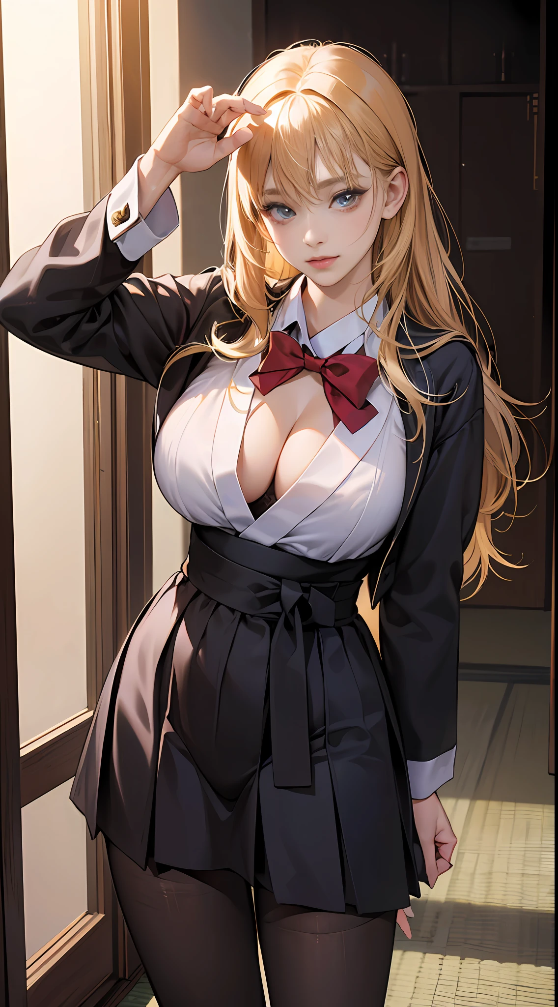 ulzang-6500-v1.1,(RAW photo:1.2), (Photorealistic:1.4), Beautiful Meticulous Girl, very detailed eyes and faces, Beautiful detailed eyes, absurderes, unbelievable Ridiculous, hugefilesize, ultra - detailed, A high resolution, The is very detailed,best qualtiy,tmasterpiece,kemomimi,((Japanes girl' high school uniform)),illustratio,The is very detailed,CG,unified,8k 壁纸,Amazing Cleavage,finely detailled,tmasterpiece,best qualtiy,The is very detailed的 CG unified 8k 壁纸,light in face,cinmatic lighting, 1girll, ,((Dark panties)),(((dynamicposes))),(Camel toes),(full bodyesbian),((Pantyhose)),((Photo pose)) --auto