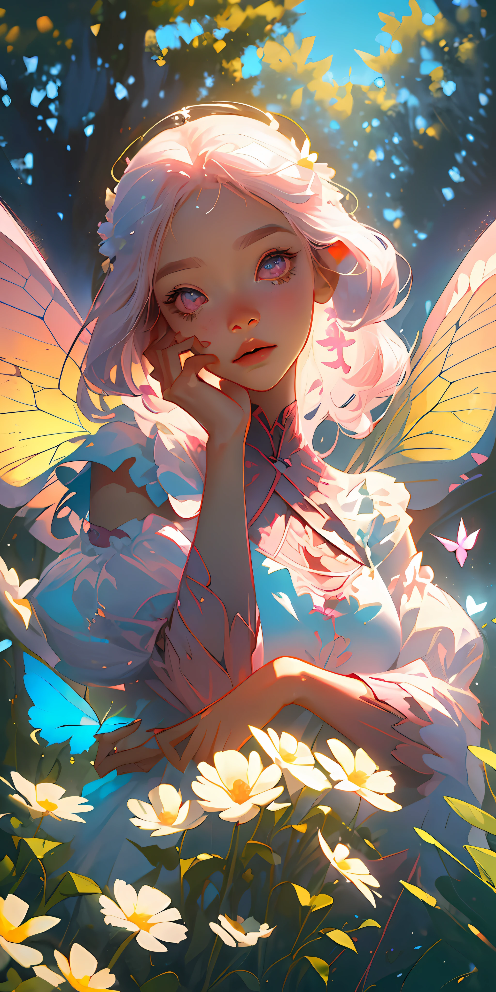 (Best Quality, Masterpiece), 1girl, Pose, Particle, Wind, Flower, Upper Body, Pink and White Color Scheme, Simple Background, Looking at the Viewer, Flower Fairy, Wings, Forest, Butterfly,