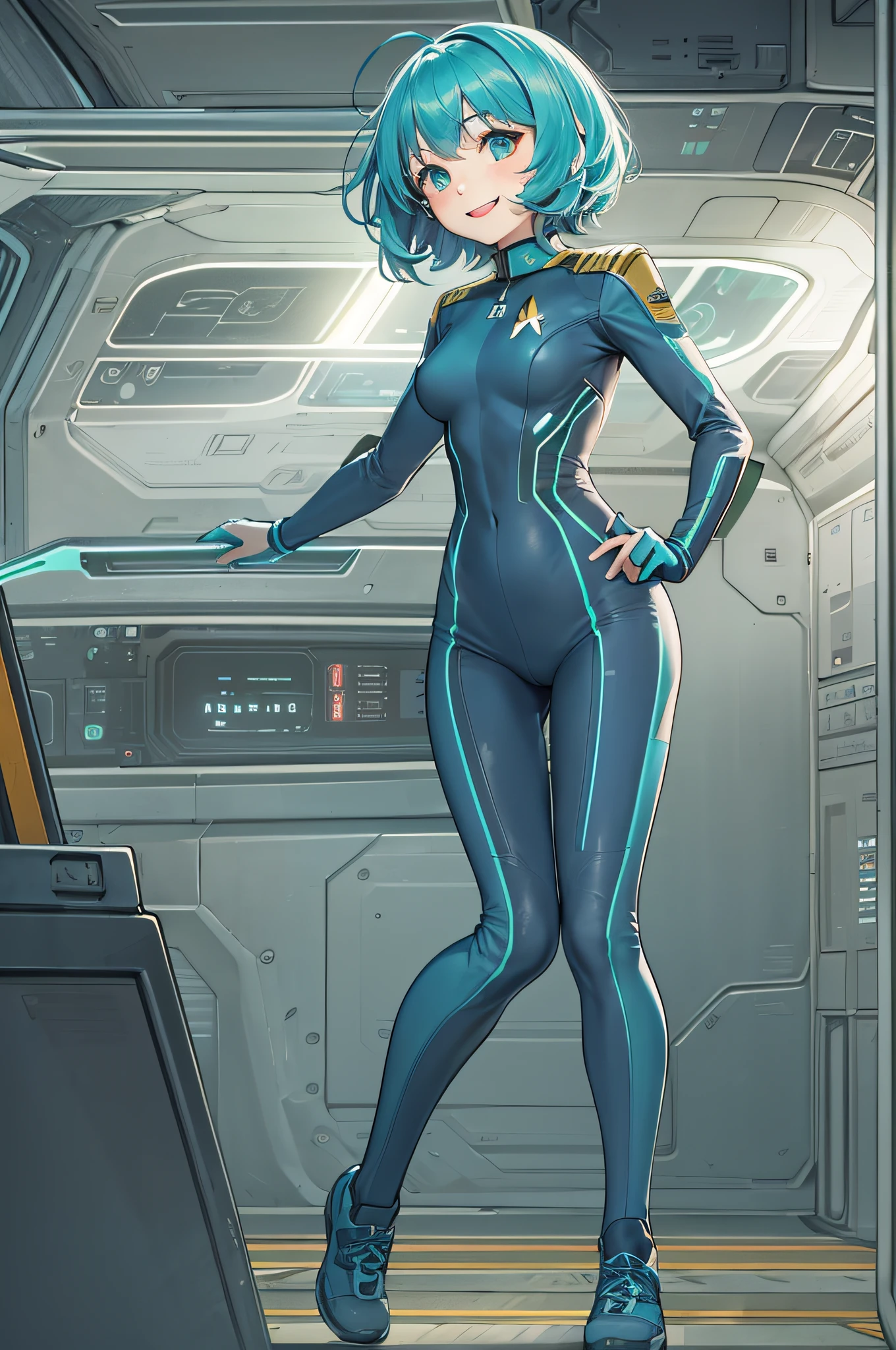 bishoujo, 1girl, standing alone, cheerful, smiling, short blue hair, green skin, tight suit, flightsuit, visible feet, alone, one person, full body visible, Star Trek