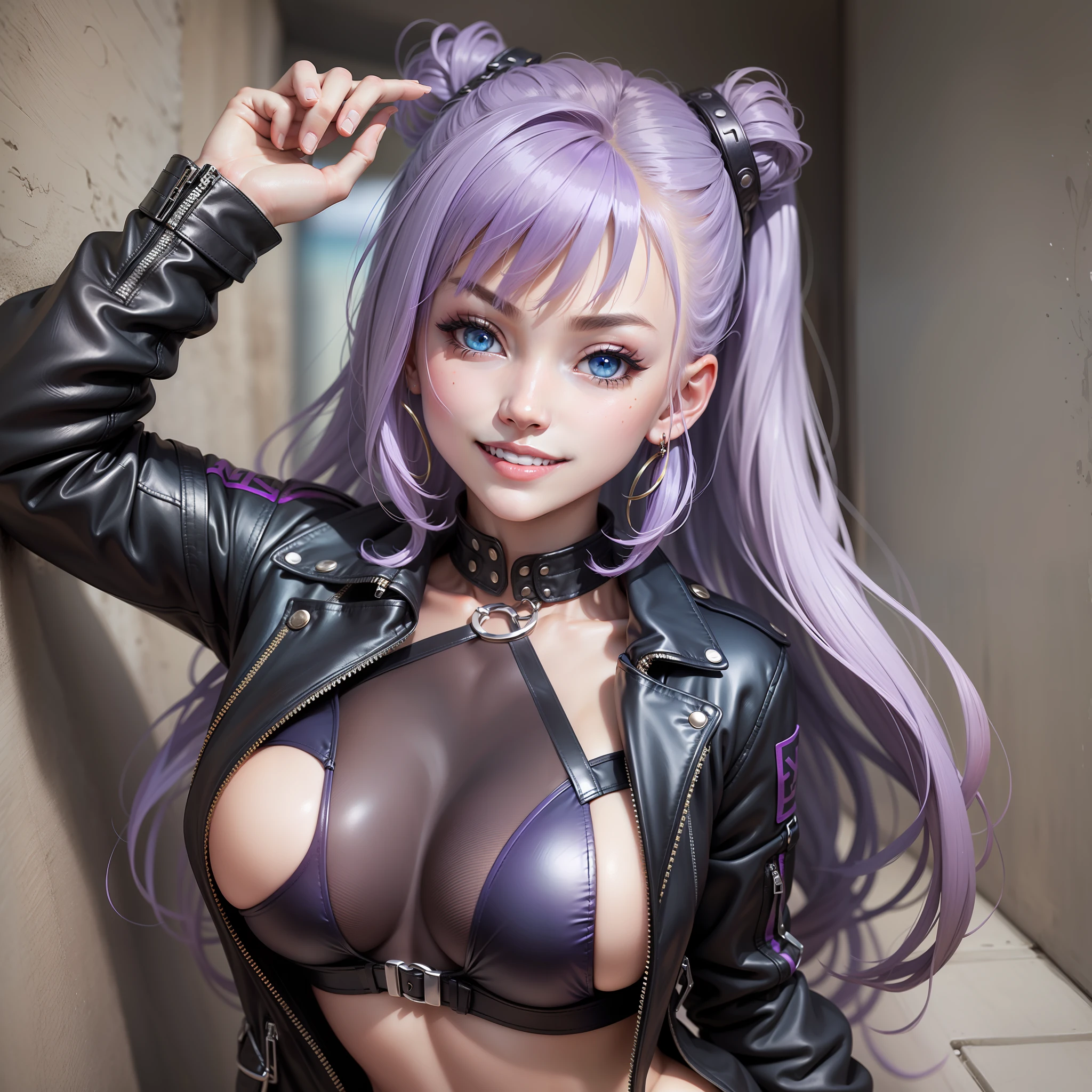 Leather jacket from the top of the swimsuit girl with a smile Purple hair huge tit top-quality masterpiece 超A high resolution beautiful a girl blue eyess