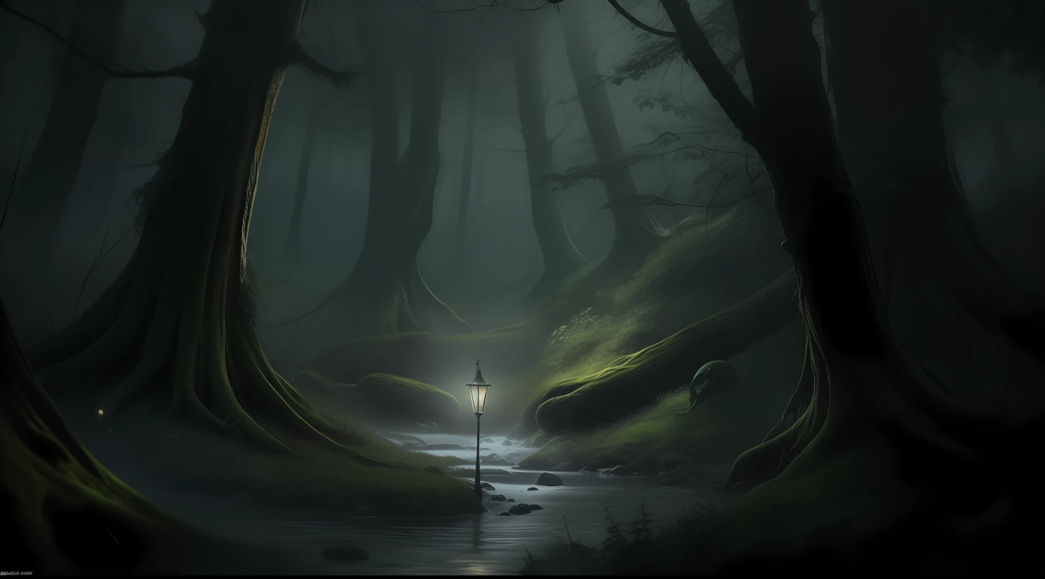 within the depths of the magical forest, an ominous presence lurks in the shadows. The protagonist occasionally senses eerie and unsettling feelings creeping upon them. Strange and unsettling creatures cast fleeting glimpses, their elusive figures blending seamlessly with the darkened undergrowth. The once serene atmosphere now bears a subtle undertone of mystery and caution. Utilizing your creative talents with the image-generating AI, portray the haunting ambiance as the protagonist becomes aware of the lurking darkness, focusing on the landscape while keeping the fairies unseen