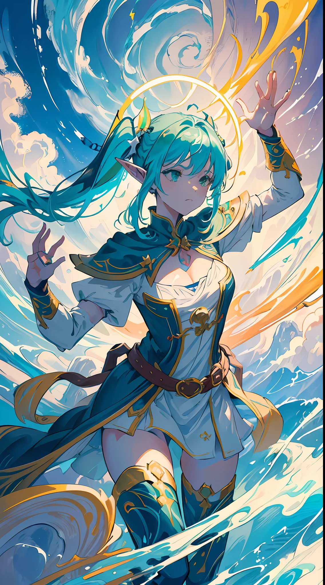 (Highest picture quality), Perfect face,(Master's work), (Ultra-detailed), (Floating colorful wind:1.4), Solo，(The upper part of the body:1.2), (Many colorful elves:1.3), (Sea of clouds), (cleavage), (cinematic pose:1.5)，Girl dresses, (White armor:1.3), (Green Ribbon:1.2),(Thunder magic:1.2), (thigh band), (high twintail), The portrait is centered, (Looks to the side:1.3), (chaotic geometric images:1.3), (nagative space:0.8),Halo, squinting, (ether colorful ink flowing:1.3), From below，Holding a ball of thunder and lightning in both hands，