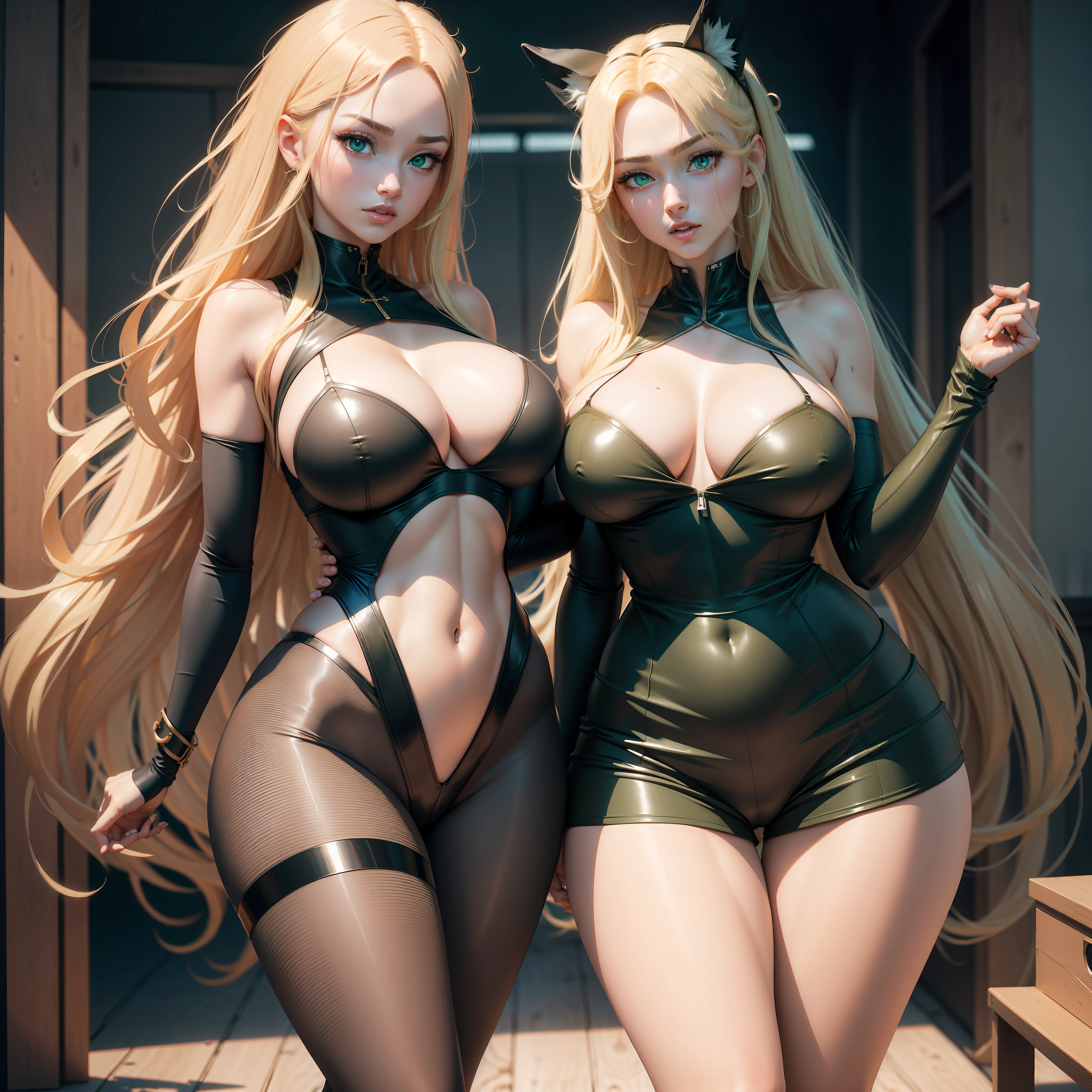 anime, anime style, UHD, retina, masterpiece, ccurate, anatomically correct, textured skin, high details, high quality, super detail, award winning, best quality, highres, 8k,A beautiful lady with long blonde hair,Beautiful green pupils,Broke pantyhose, shorts, suede booties,Perfect figure, full of temptation, Hollow tights, huge breasts,Tall and very beautiful.