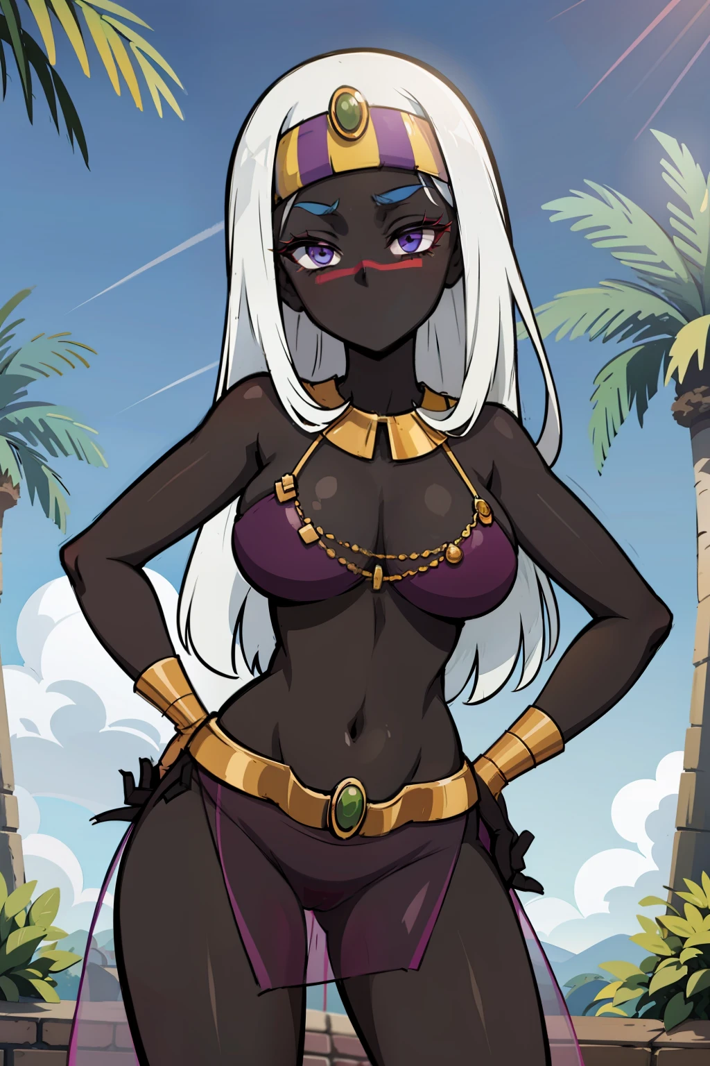 panties pulled aside , 1girl, colored skin, black skin, circlet, facial mark, white hair, long hair, white hair, circlet, pelvis curtain, gold belt, neck ring, bracer, large breasts, purple eyes, no mouth, hand on hip, hand up, thick thighs, queentyr, outdoors, Masterpiece, best quality, Masterpiece, best quality, Masterpiece, best quality, Masterpiece, best quality, Masterpiece, best quality, Masterpiece, best quality