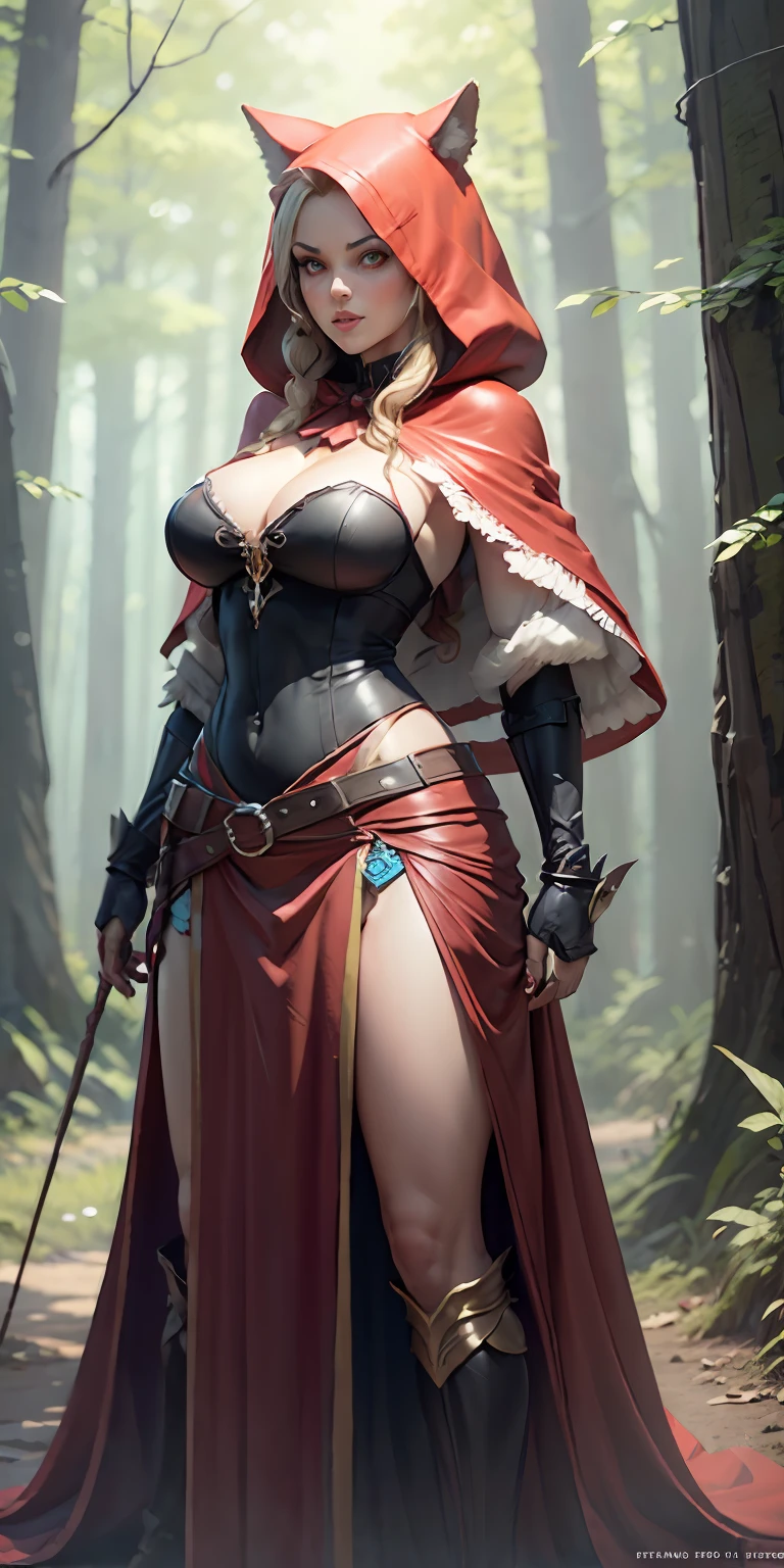 Red Riding Hood and the Big Bad Wolf, big breasts, frontal, full-length, looking at the camera, facing the audience, standing pose, cottage background, three-dimensional light, detailed full-body concept, sleek digital concept art, beautiful full-body concept art, art trend, CGsociety full-length,