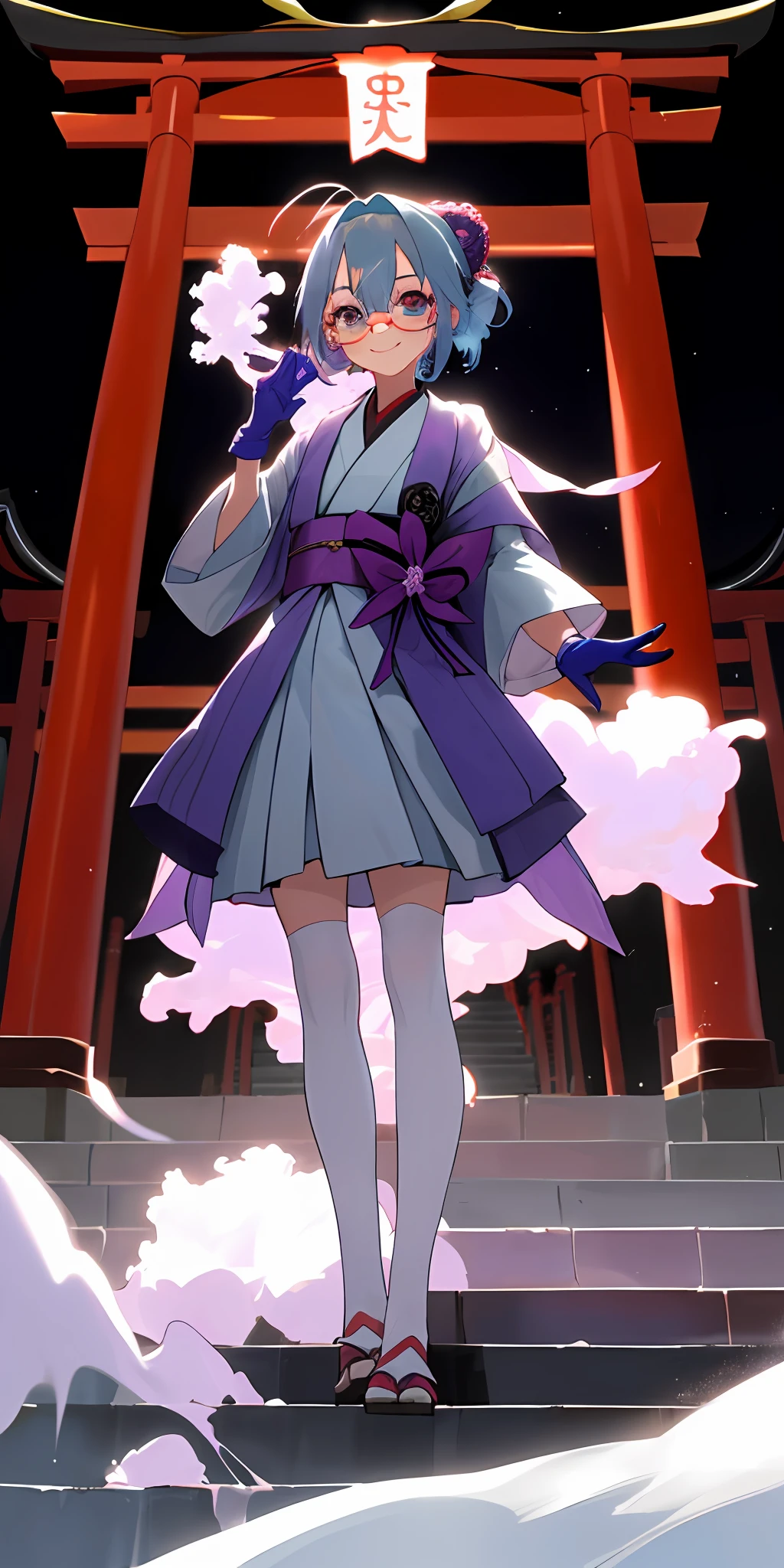 master piece,8k,Girl with powder blue hair,Lilac glasses,Behind it is the torii gate,Himself standing on the steps watching you,Light smile,Two gloves in the long sleeves in front of him
