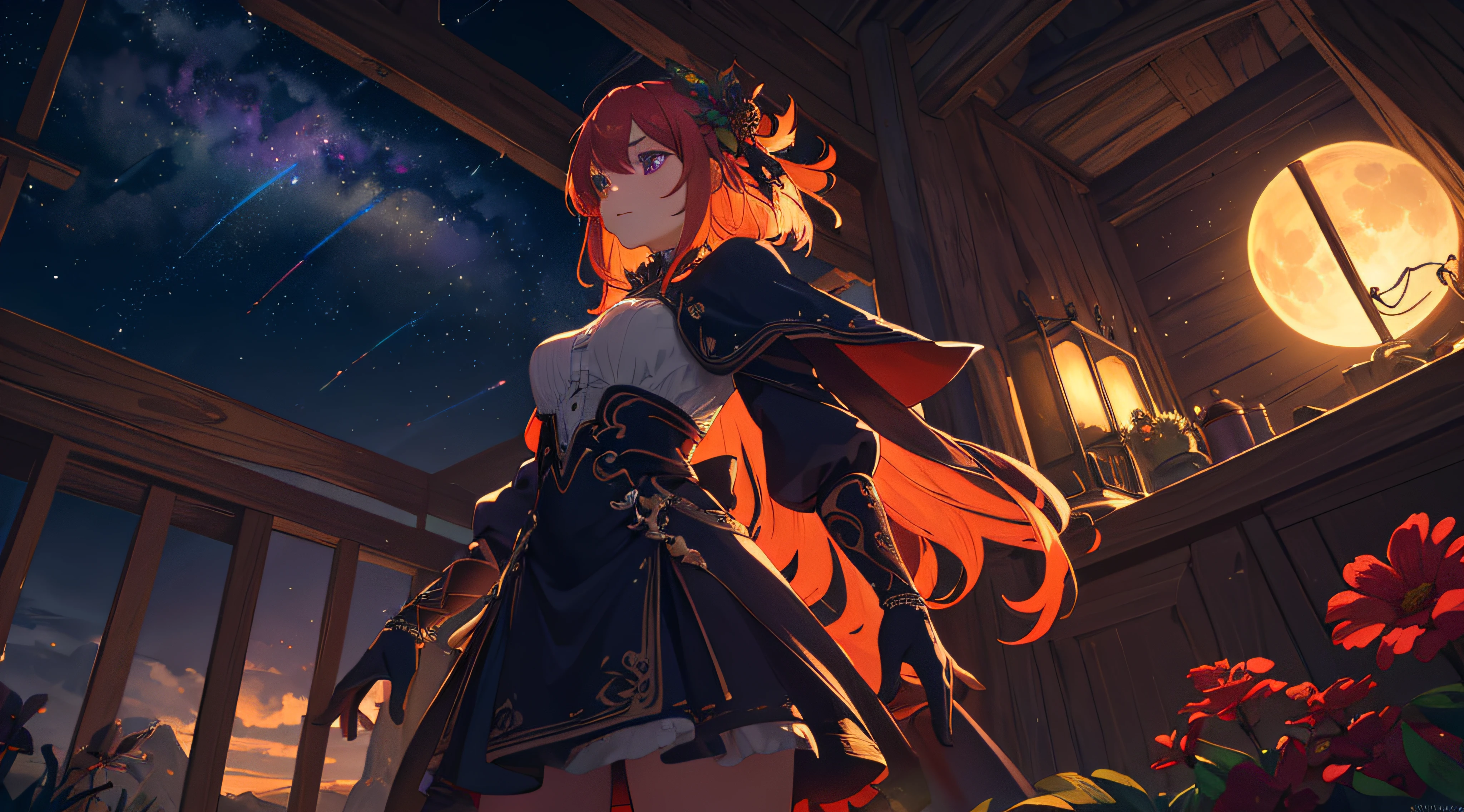 A wide landscape photo, (viewed from below, the sky is above, and the open field is below), a girl standing on a flower field looking up, (full moon: 1.2), (meteor: 0.9), (nebula: 1.3), distant mountains , Trees BREAK Crafting Art, (Warm Light: 1.2), (Firefly: 1.2), Lights, Lots of Purple and Orange, Intricate Details, Volumetric Lighting BREAK (Masterpiece: 1.2), (Best Quality), 4k, Ultra Detailed, (Dynamic Composition: 1.4), Rich in Detail and Color, (Rainbow Color: 1.2), (Glow, Atmospheric Lighting), Dreamy, Magical, (Solo: 1.2)