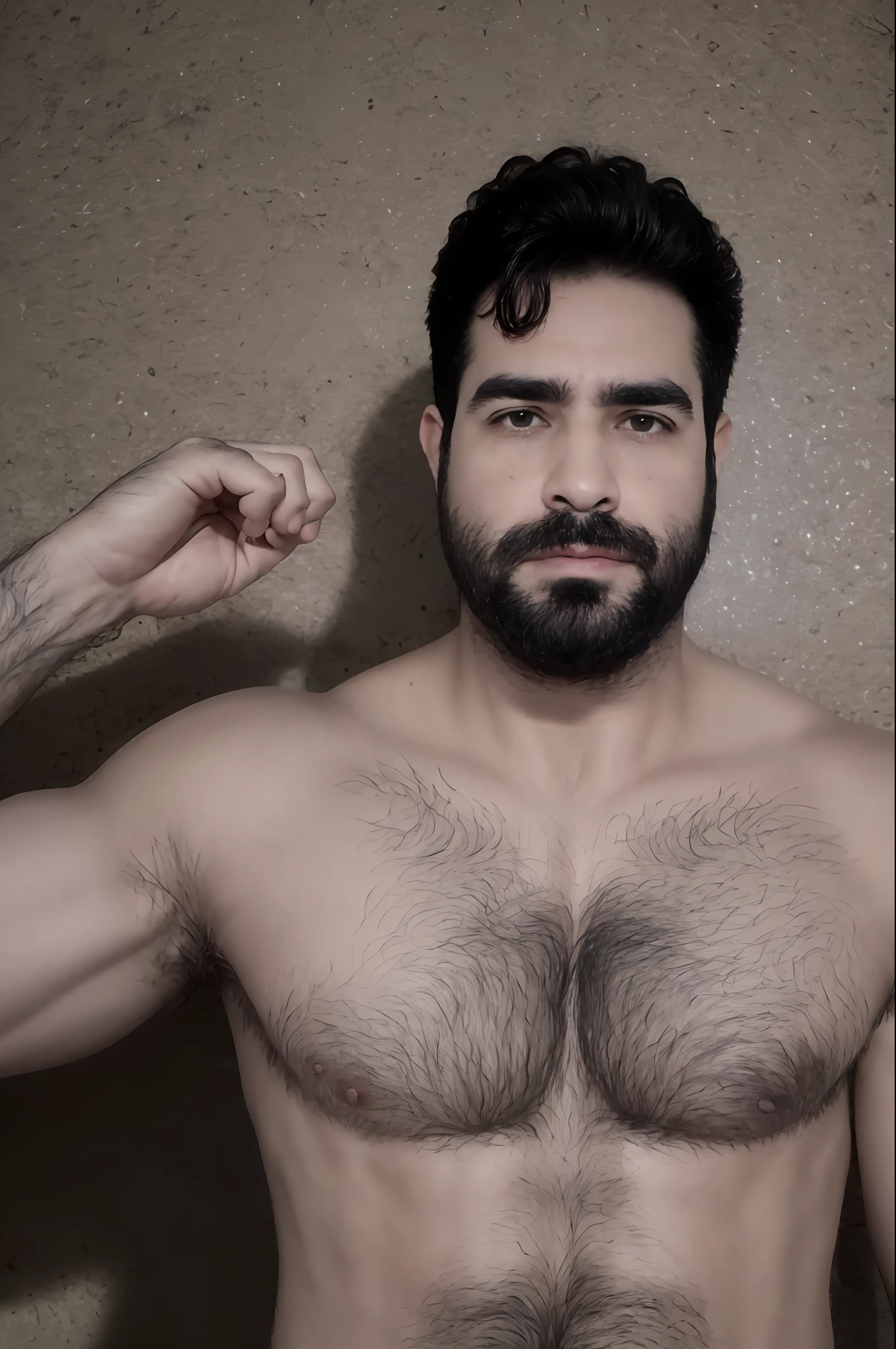 20-year-old man, Obra maestra, La mejor calidad, Altas Resoluciones, absurdos, realista, agarrando su propio pectoral, 1child, solamente, pelo corto, Enfoque pectoral, sin vellos, sonrojarse, , cabello negro, Parte superior del cuerpo, muscular, Mirando al espectador