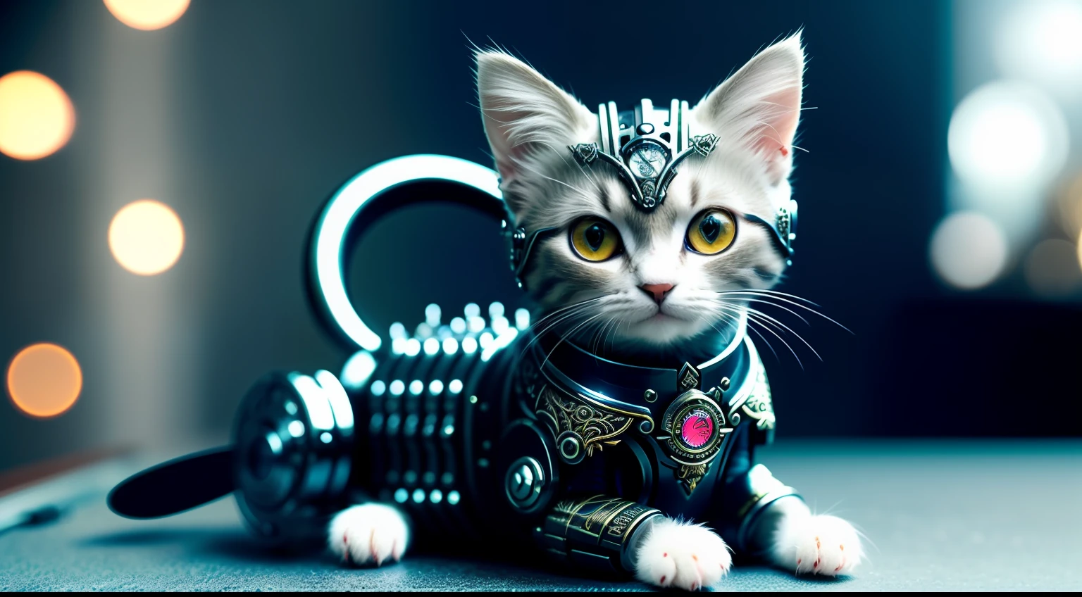 a cute kitten made of metal、the presence of wings on the back、(cyborgs:1.1)、True Face、Pocket watch on chest、([tail | Detailed wire]:1.3)、(intricate-detail)、nffsw、(intricate-detail、ultra-detailliert:1.2)、Cinematic shots、vignettes、central、The background is a billiard hall、