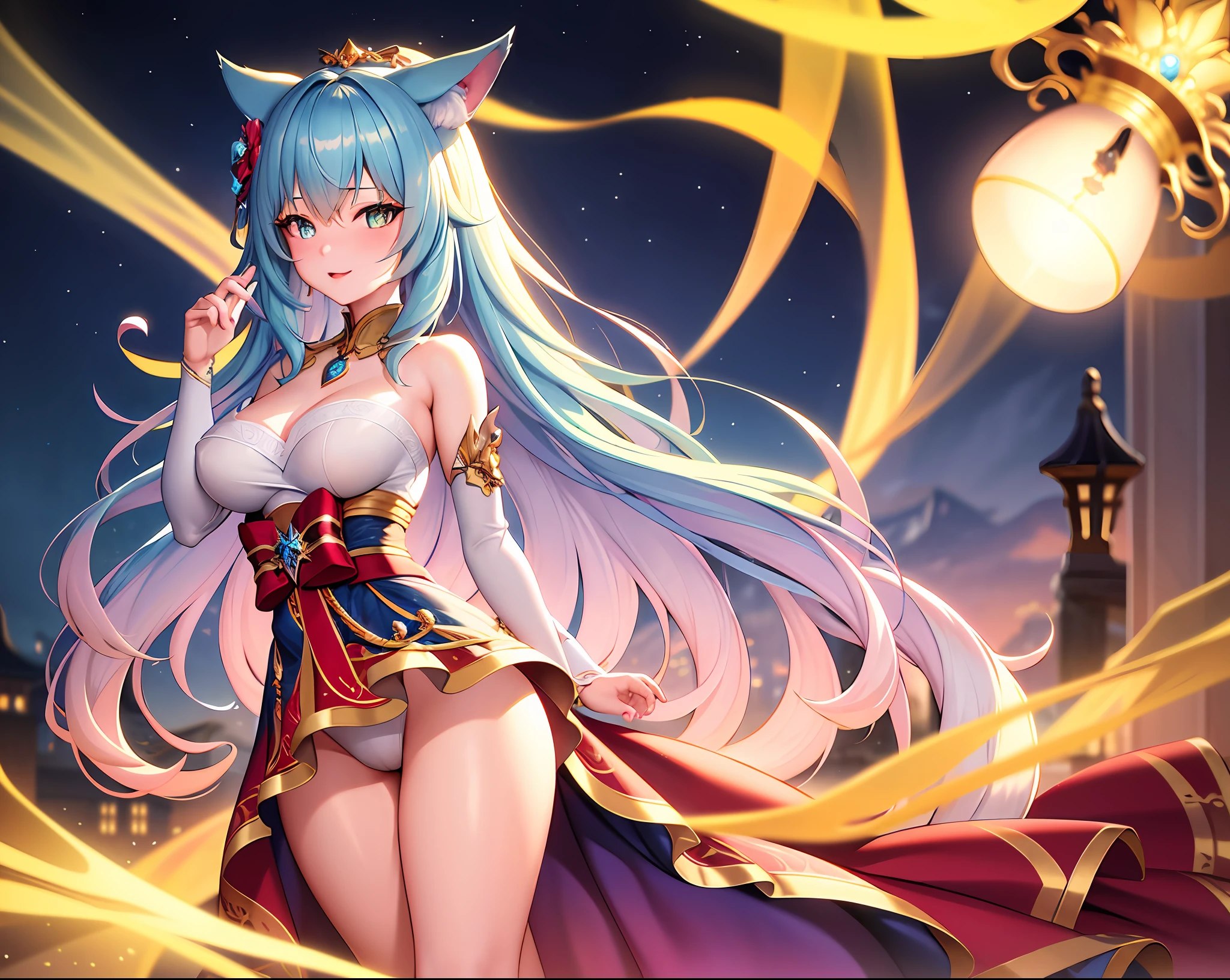 (best quality,masterpiece:1.2),ultra detail, high resolution, ultra detailed, best quality, amazing, top quality, extremely detailed CG unity 8k wallpaper, cinematic lighting,Wolf ears,Cyan hair,Long hair,azure eyes,Looking at viewer,full body, birthday,birthday present,gift, present,night ,(colorful),(finely detailed beautiful eyes and detailed face),cinematic lighting