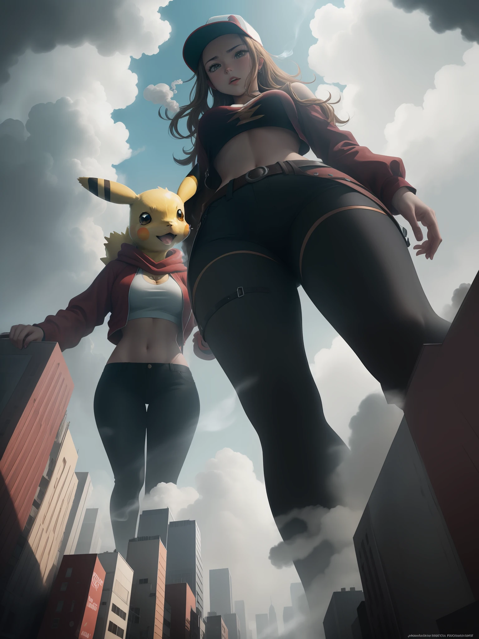 Master works, The highest image quality, hightquality, high detailing, Super Resolution Pikachu, Towering giant Pikachu, croptop, Suggests Pikachu's great strength. She seems to wander carelessly through the bustling cityscape of GTS City, with towering buildings looming overhead. Smoke and clouds rage around Pikachu, adding to the epic sense of scale and drama. The lighting is dark, broody, and realistic, creating a tense and ominous atmosphere. From below, The perspective emphasizes the majesty and power of Pikachu.A pokémon