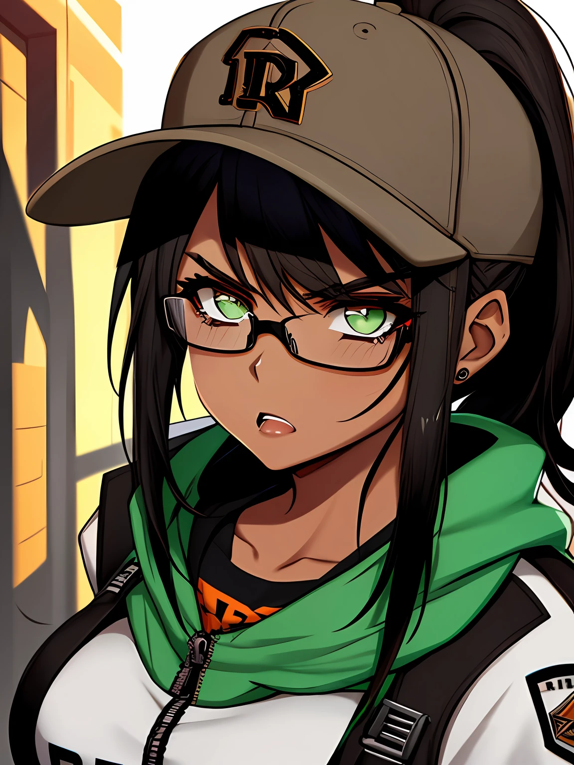 there is a latina woman with glasses and a baseball cap, an edgy teen assassin, diesel punk female, (black hair, straight, messy, ponytail) brown skin, green eyes, thick eyebrows, angry expression, close up half body shot, character close up,